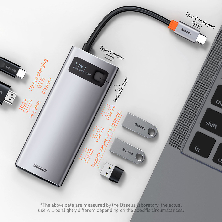 Baseus Metal Gleam Series 5 in 1 Multifunctional Type C HUB Docking Station Gray 30Hz Version – תמונה 3