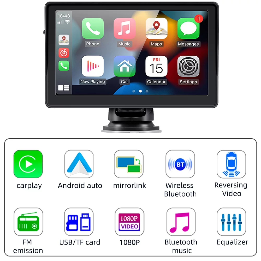 2023 Newest Portable Car Radio with Apple Carplay and Android Auto, Wireless Car Stereo 7" IPS Touchscreen with Bluetooth Hands-Free/Mirror Link/Siri Assistant, Windshield Mounted – תמונה 9