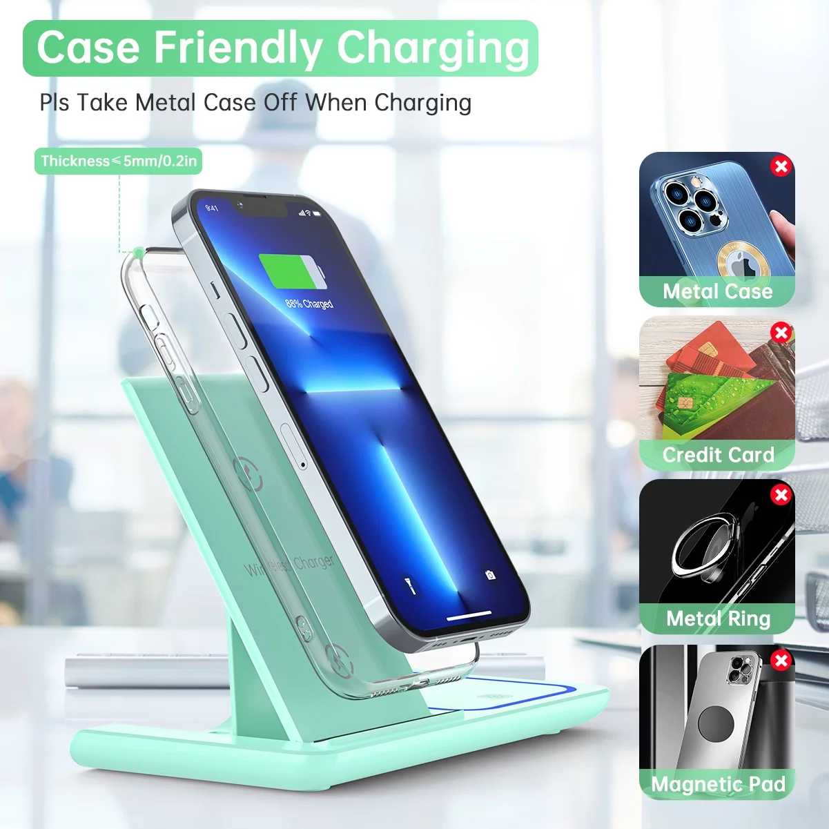 Wireless Charging Station, 2025 Upgraded 18W 3 in 1 Wireless Charger Stand for Iphone 16/15/14/13/12/11 Pro/Xs, Airpods 4/3/2/1/Pro, Iwatch Series 10/9/8/7/6/5/4/3,Samsung Phones(Green) – תמונה 2