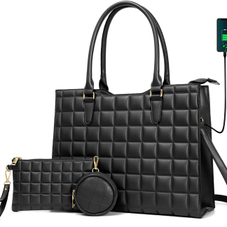 Laptop Tote Bag for Women Waterproof PU Leather Briefcase Computer Bag with Built-In USB Charging Port,Business Office 15.6 Inch Laptop Bag Large Capacity Handbag Satchel Purse 3Pcs Set (Black)