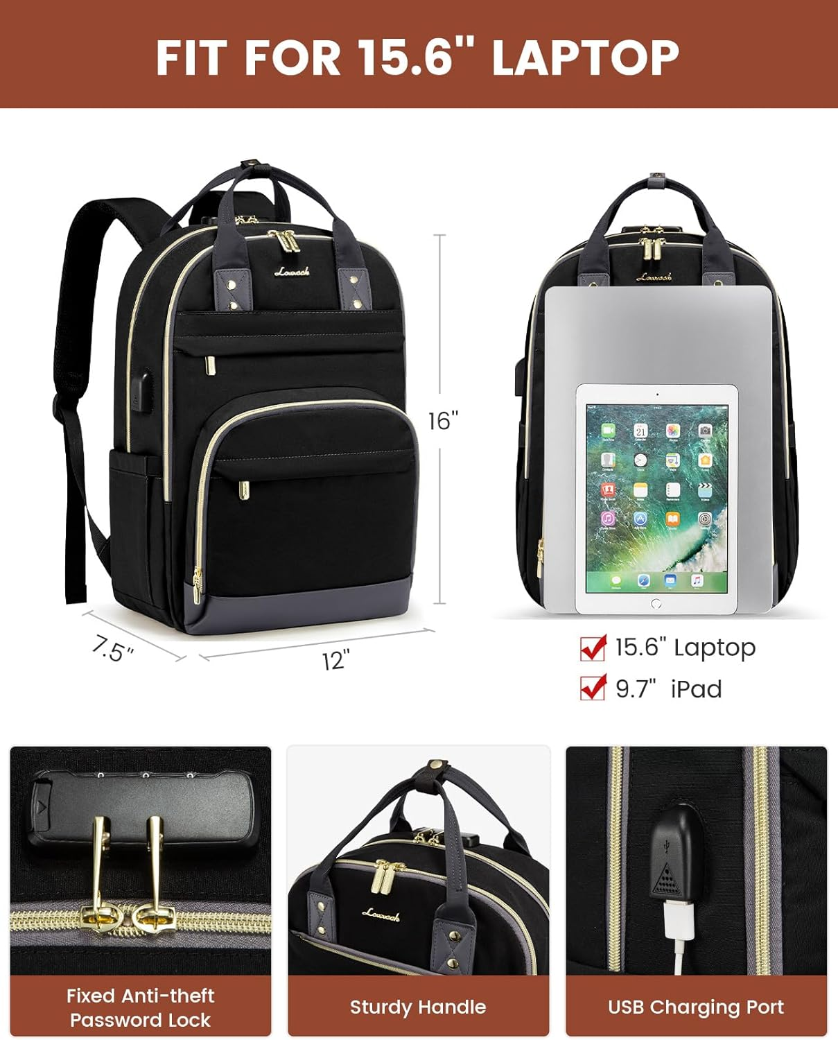 Laptop Backpack for Women, Unisex Travel Anti-Theft Bag, Business Work Computer Backpacks Purse for Men, Casual Hiking Daypack with Lock, 15.6 Inch, Black-Grey – תמונה 5