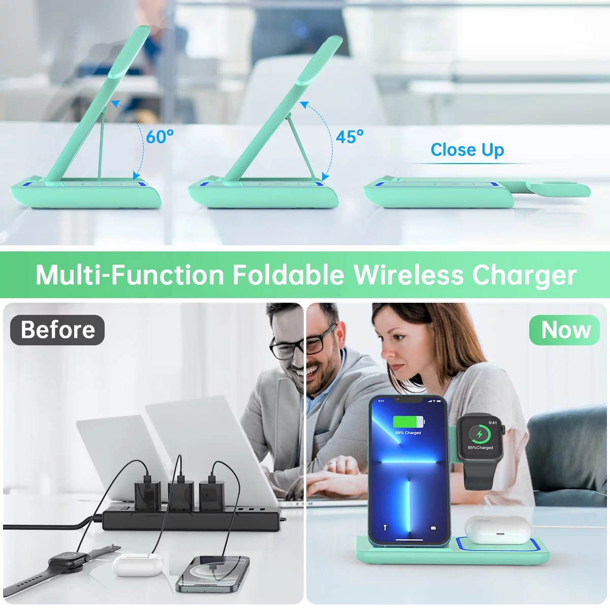 Wireless Charging Station, 2025 Upgraded 18W 3 in 1 Wireless Charger Stand for Iphone 16/15/14/13/12/11 Pro/Xs, Airpods 4/3/2/1/Pro, Iwatch Series 10/9/8/7/6/5/4/3,Samsung Phones(Green) – תמונה 5