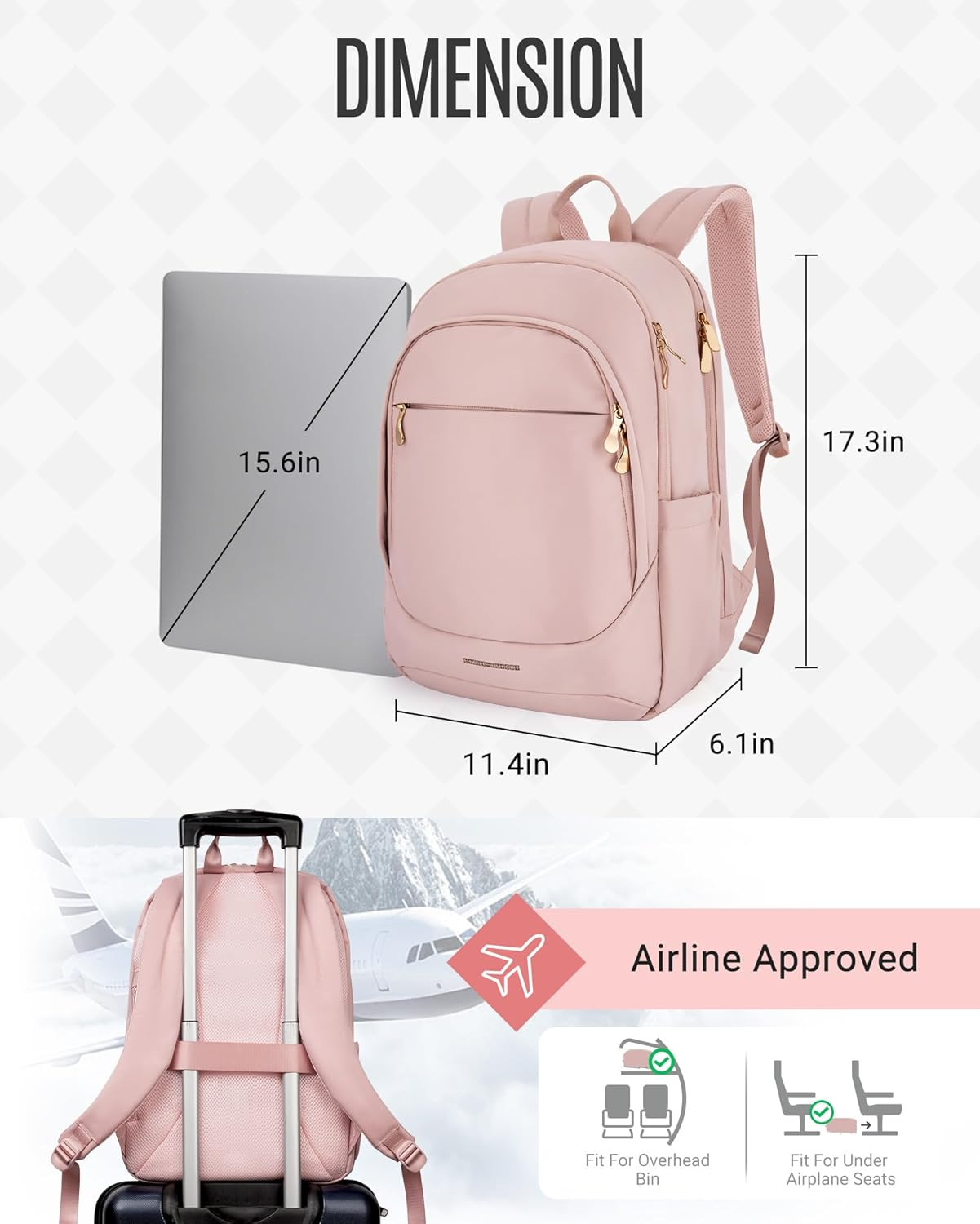 Collge Laptop Backpack, 15.6 Inch Laptop Travel Backpack for Women, College Computer Bookbag Casual Bag for Work Travel College, Gifts for Women,Pink – תמונה 3