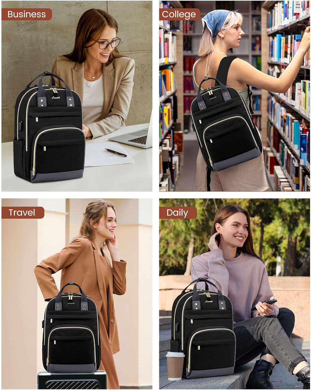 Laptop Backpack for Women, Unisex Travel Anti-Theft Bag, Business Work Computer Backpacks Purse for Men, Casual Hiking Daypack with Lock, 15.6 Inch, Black-Grey – תמונה 8