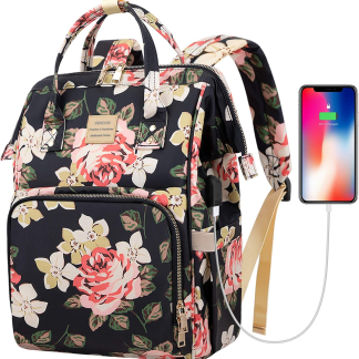 Laptop Backpack for Women,15.6 Inch Stylish College School Backpack with USB Charging Port,Water Resistant Casual Daypack Laptop Backpack for Girls/Nurse/Teacher/Travel (Flower Pattern)