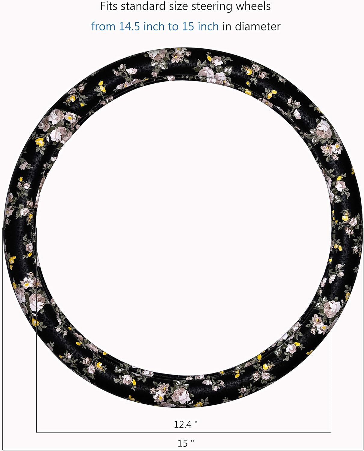 PU Leather Floral Auto Car Steering Wheel Cover, for Women Girls Ladies, anti Slip Non-Toxic Universal 15 Inch, Black with Flowers – תמונה 5