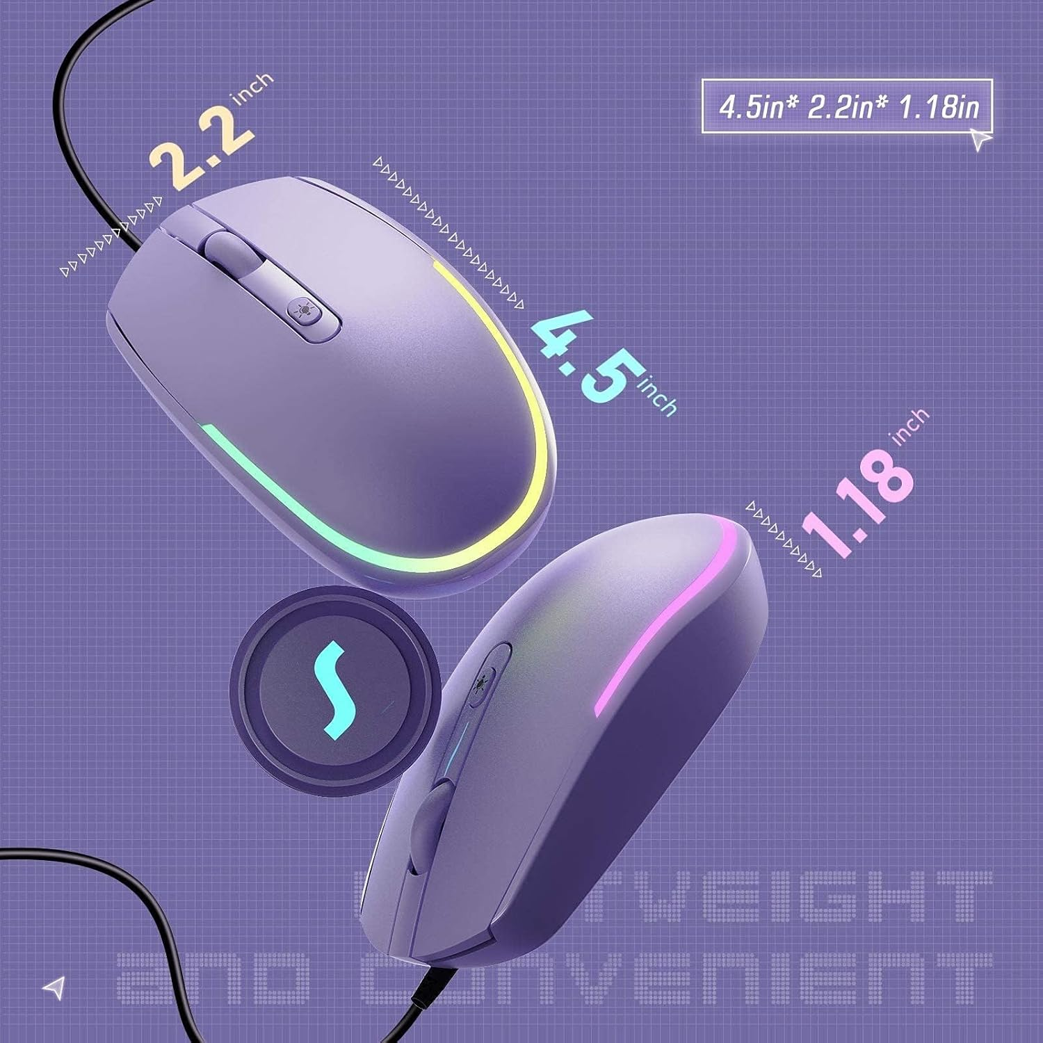 Wired Mouse - USB Computer Mice Wired with RGB Backlit Optical LED Mouse with Attached USB Cord for Laptops Notebooks Chromebook - Purple – תמונה 5