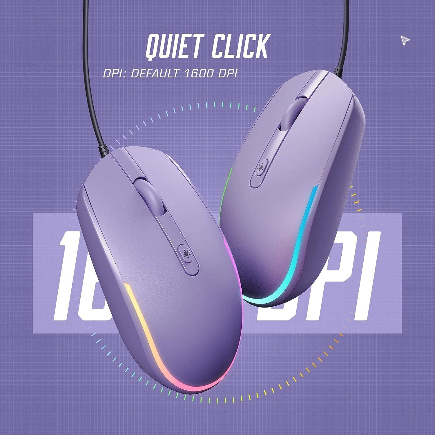 Wired Mouse - USB Computer Mice Wired with RGB Backlit Optical LED Mouse with Attached USB Cord for Laptops Notebooks Chromebook - Purple – תמונה 3