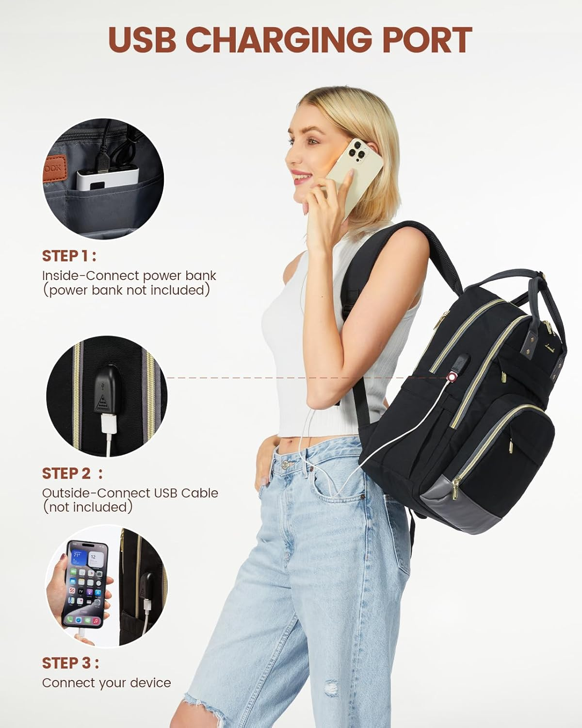 Laptop Backpack for Women, Unisex Travel Anti-Theft Bag, Business Work Computer Backpacks Purse for Men, Casual Hiking Daypack with Lock, 15.6 Inch, Black-Grey – תמונה 6