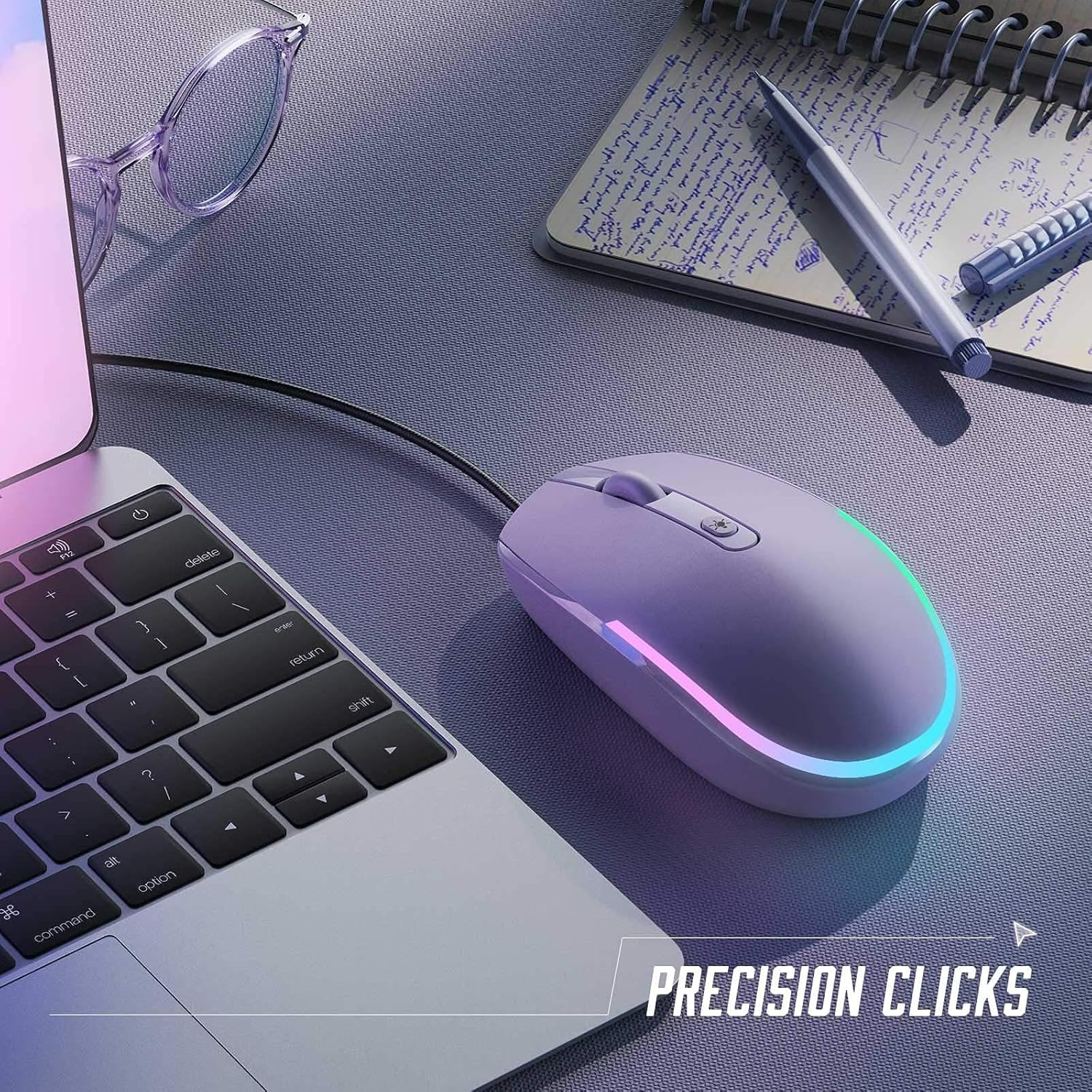 Wired Mouse - USB Computer Mice Wired with RGB Backlit Optical LED Mouse with Attached USB Cord for Laptops Notebooks Chromebook - Purple – תמונה 7