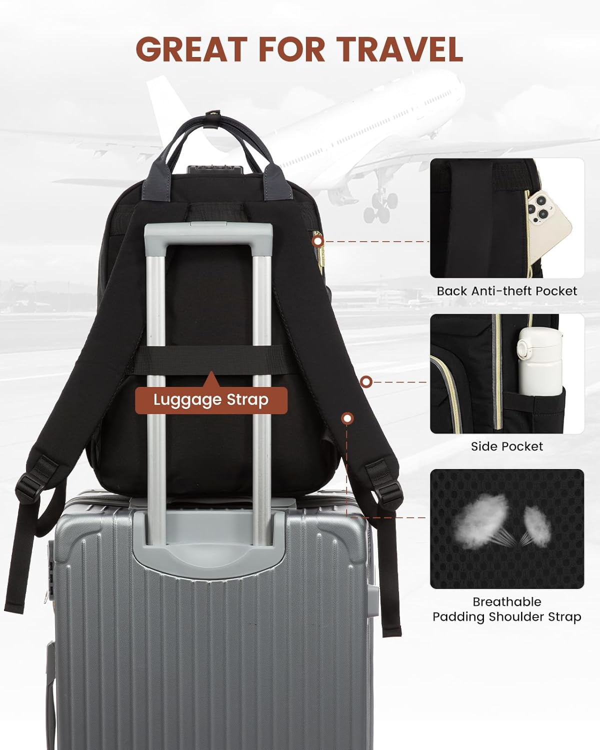 Laptop Backpack for Women, Unisex Travel Anti-Theft Bag, Business Work Computer Backpacks Purse for Men, Casual Hiking Daypack with Lock, 15.6 Inch, Black-Grey – תמונה 4