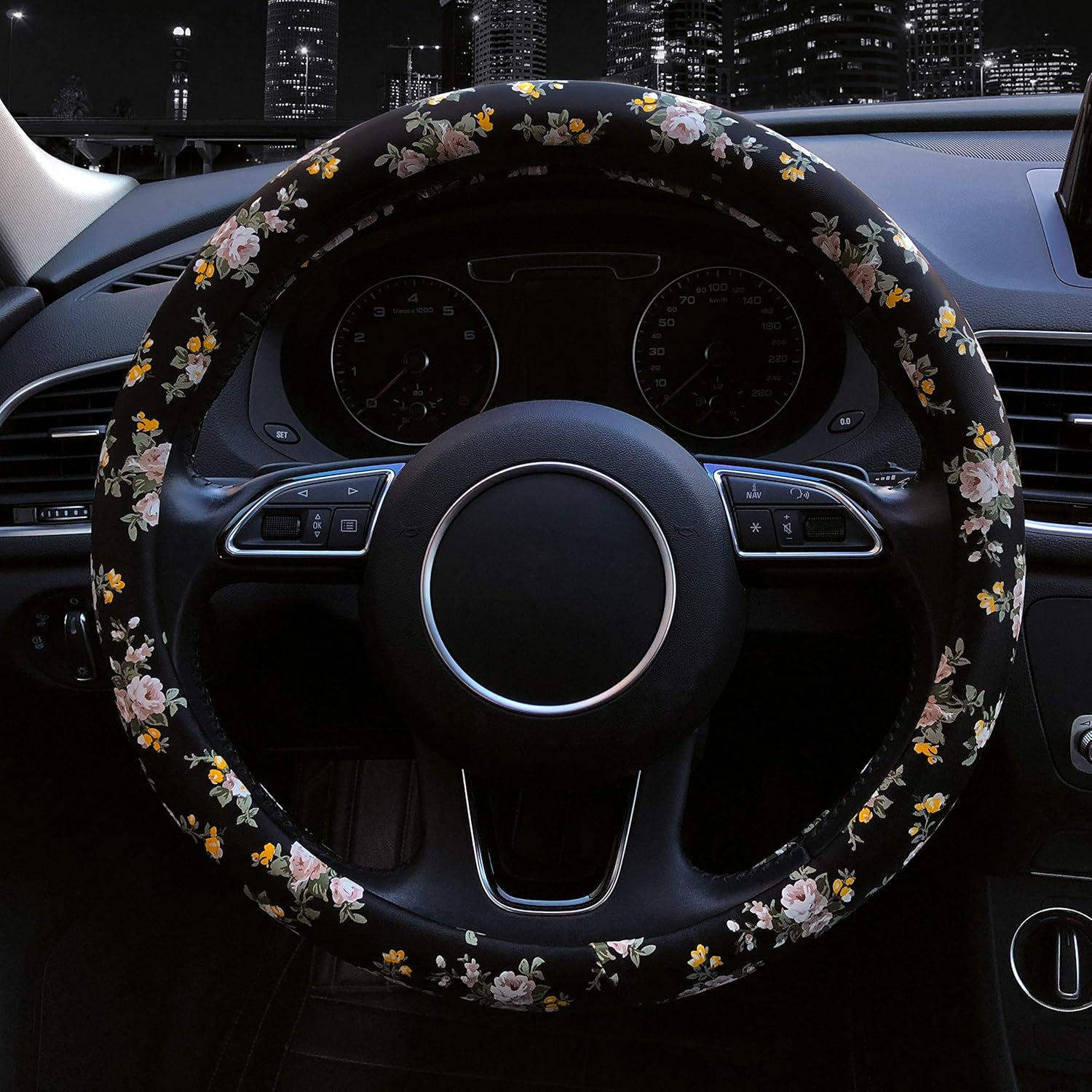 PU Leather Floral Auto Car Steering Wheel Cover, for Women Girls Ladies, anti Slip Non-Toxic Universal 15 Inch, Black with Flowers – תמונה 3