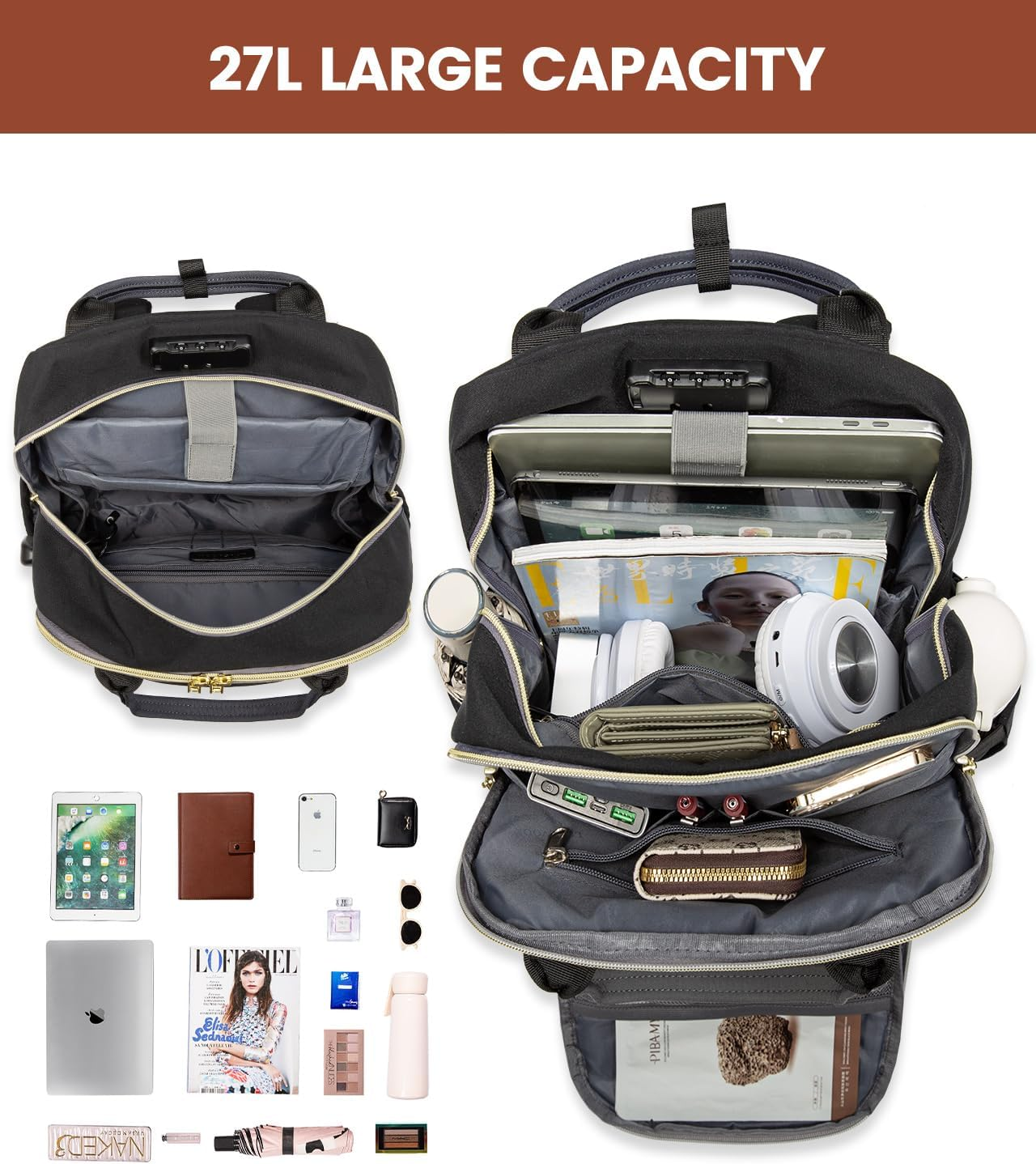 Laptop Backpack for Women, Unisex Travel Anti-Theft Bag, Business Work Computer Backpacks Purse for Men, Casual Hiking Daypack with Lock, 15.6 Inch, Black-Grey – תמונה 2