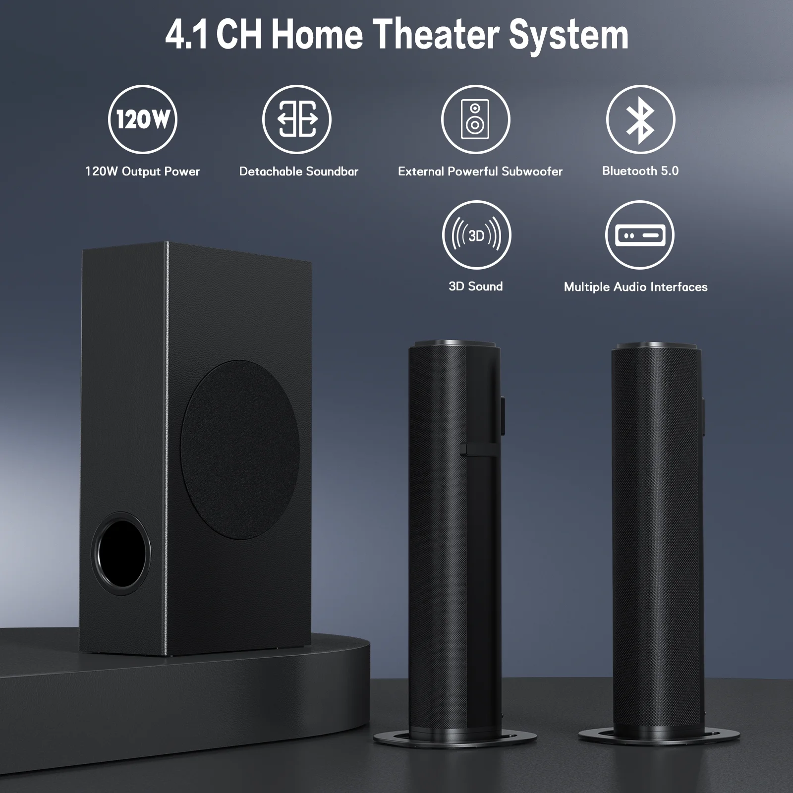 4.1Ch Sound Bar with Subwoofer, 120W Separable Sound Bar for TV, 2-In-1 Detachable Sound Bar with Usb/Aux/Coaxial/Optical/Hdmi/Bluetooth – תמונה 2