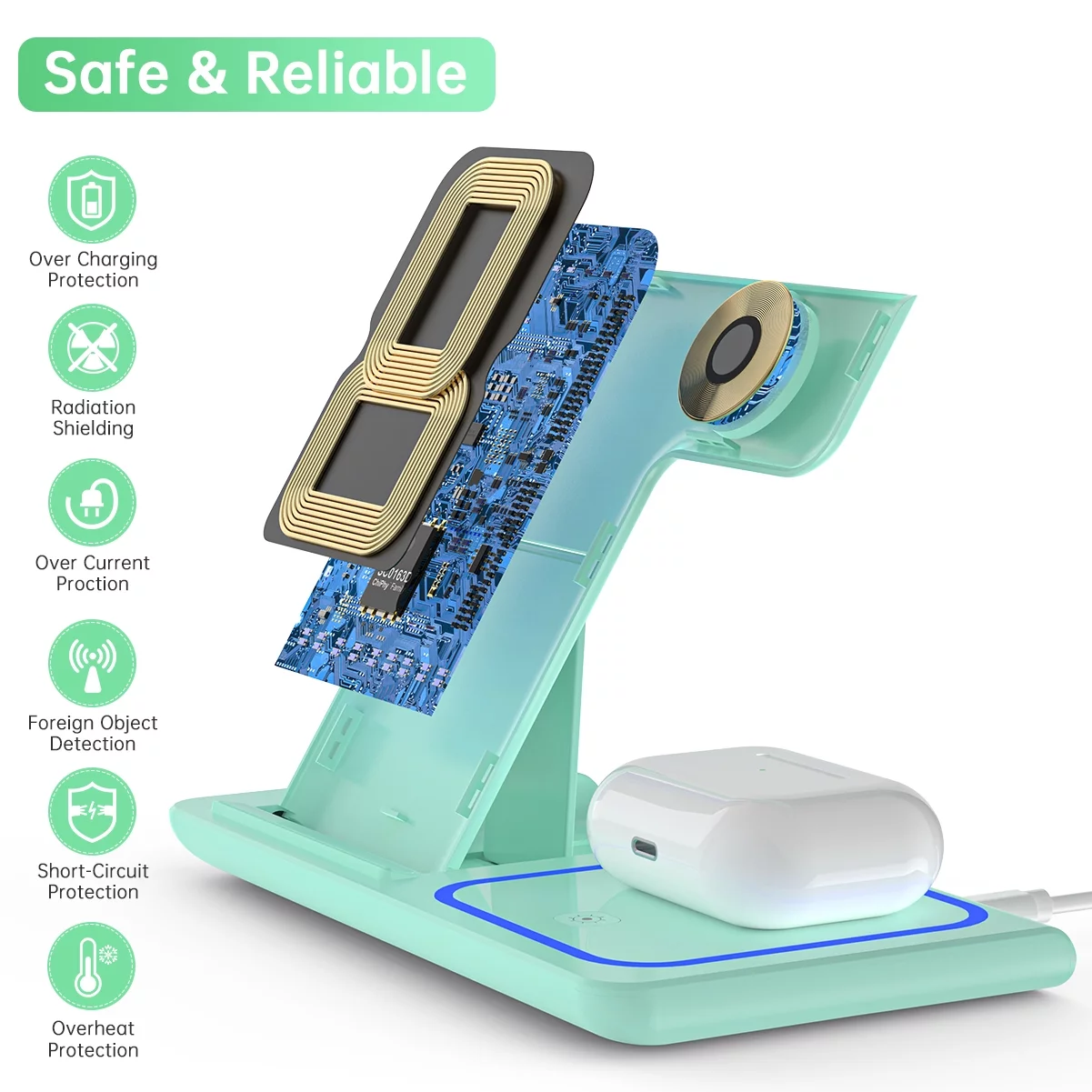Wireless Charging Station, 2025 Upgraded 18W 3 in 1 Wireless Charger Stand for Iphone 16/15/14/13/12/11 Pro/Xs, Airpods 4/3/2/1/Pro, Iwatch Series 10/9/8/7/6/5/4/3,Samsung Phones(Green) – תמונה 3