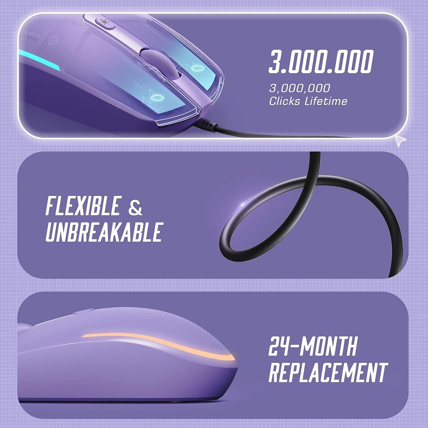 Wired Mouse - USB Computer Mice Wired with RGB Backlit Optical LED Mouse with Attached USB Cord for Laptops Notebooks Chromebook - Purple – תמונה 4