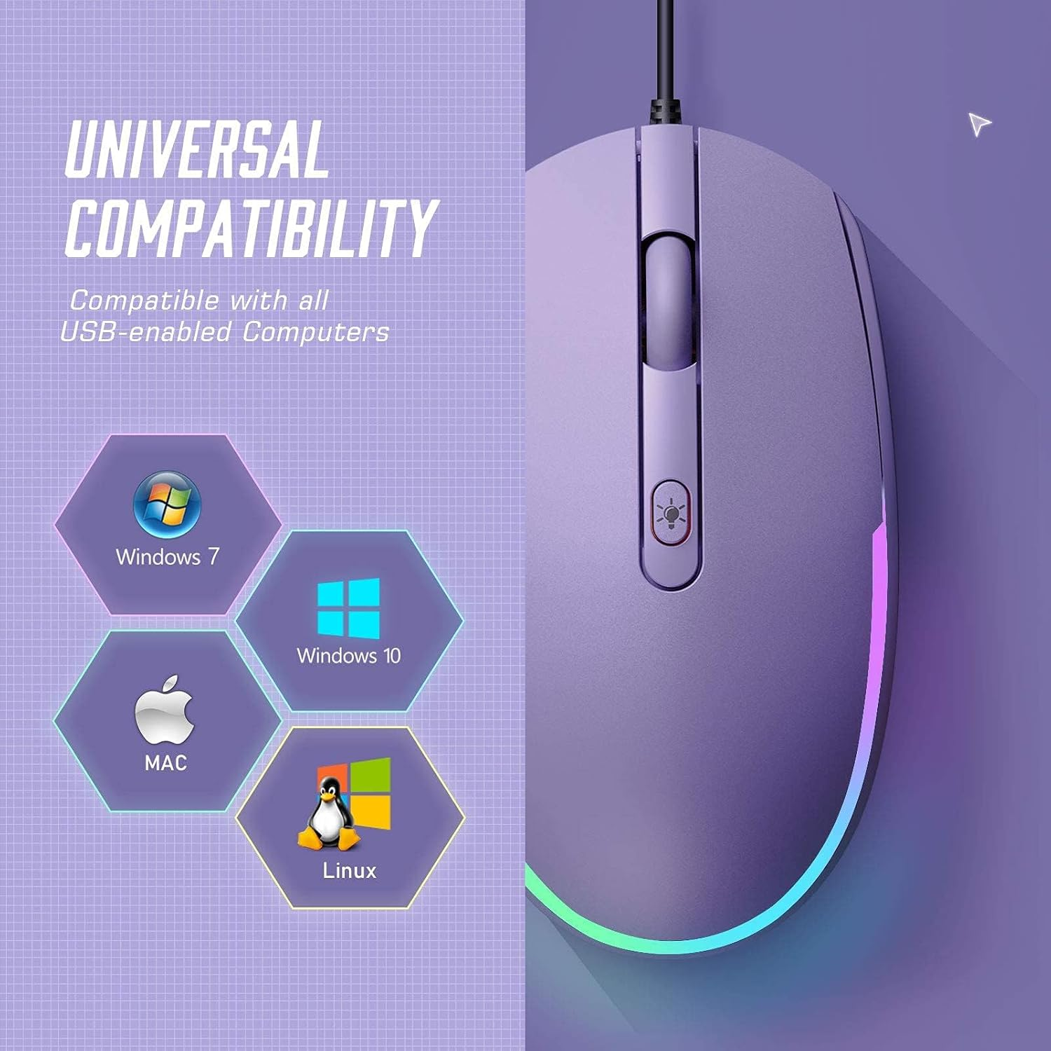 Wired Mouse - USB Computer Mice Wired with RGB Backlit Optical LED Mouse with Attached USB Cord for Laptops Notebooks Chromebook - Purple – תמונה 6