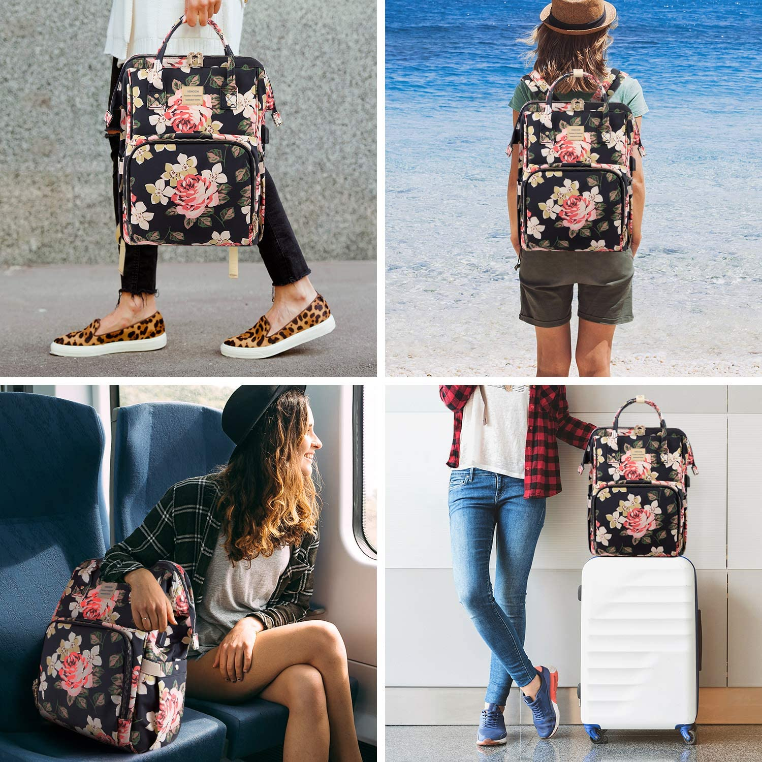 Laptop Backpack for Women,15.6 Inch Stylish College School Backpack with USB Charging Port,Water Resistant Casual Daypack Laptop Backpack for Girls/Nurse/Teacher/Travel (Flower Pattern) – תמונה 7