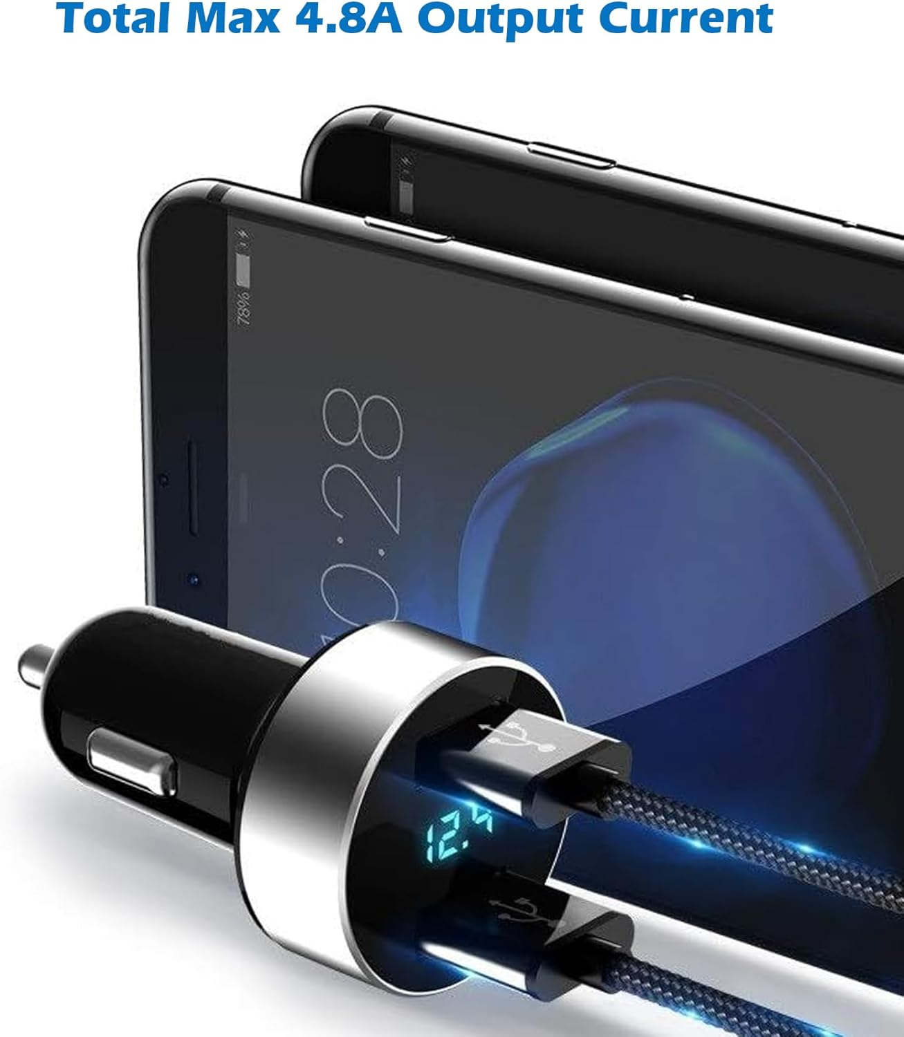 2 USB Car Charger,12V/24V Voltage Meter, Output 4.8A, Cigarette Lighter Plug Adapter Compatible with Iphone,Ipad, Samsung, USB Charging Devices, Silver – תמונה 3