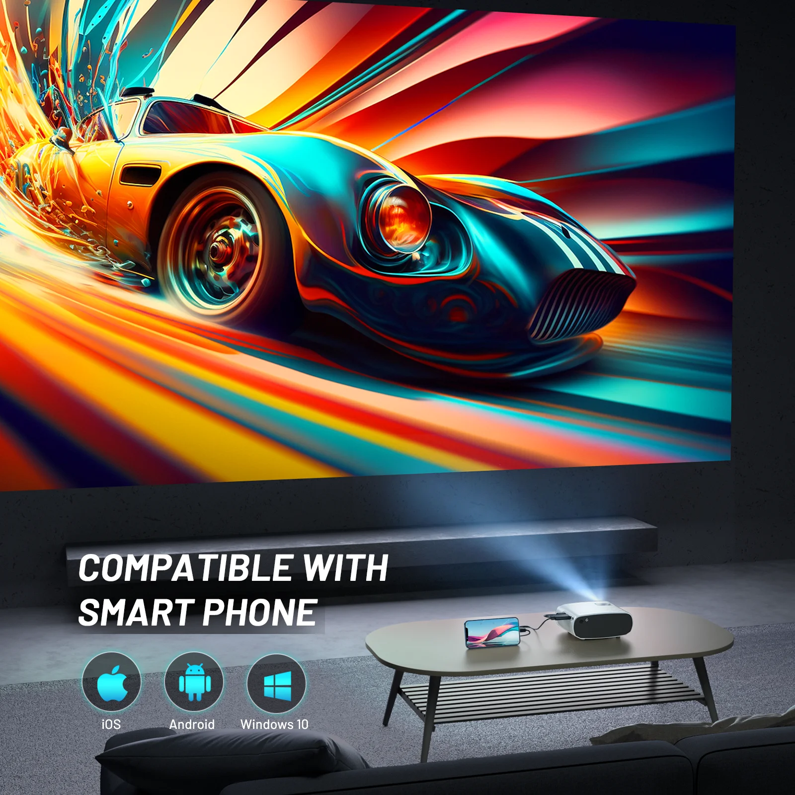 Mini Projector, Portable Projector 1080P, Movie Projection Compatible with Android/Ios White 1PC – תמונה 4