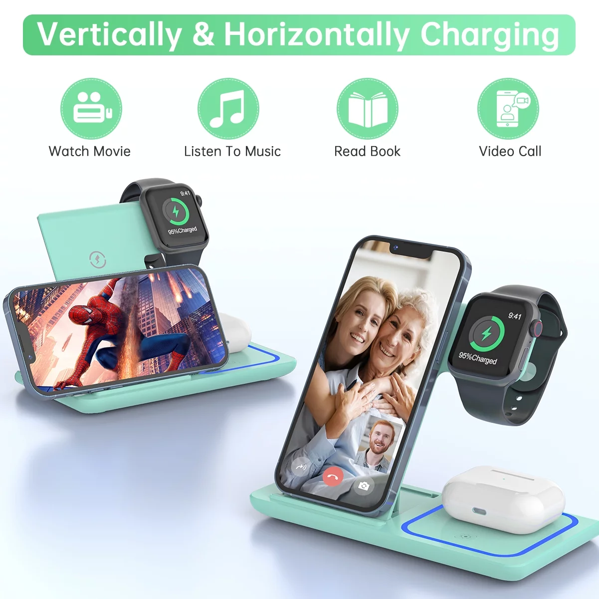 Wireless Charging Station, 2025 Upgraded 18W 3 in 1 Wireless Charger Stand for Iphone 16/15/14/13/12/11 Pro/Xs, Airpods 4/3/2/1/Pro, Iwatch Series 10/9/8/7/6/5/4/3,Samsung Phones(Green) – תמונה 7