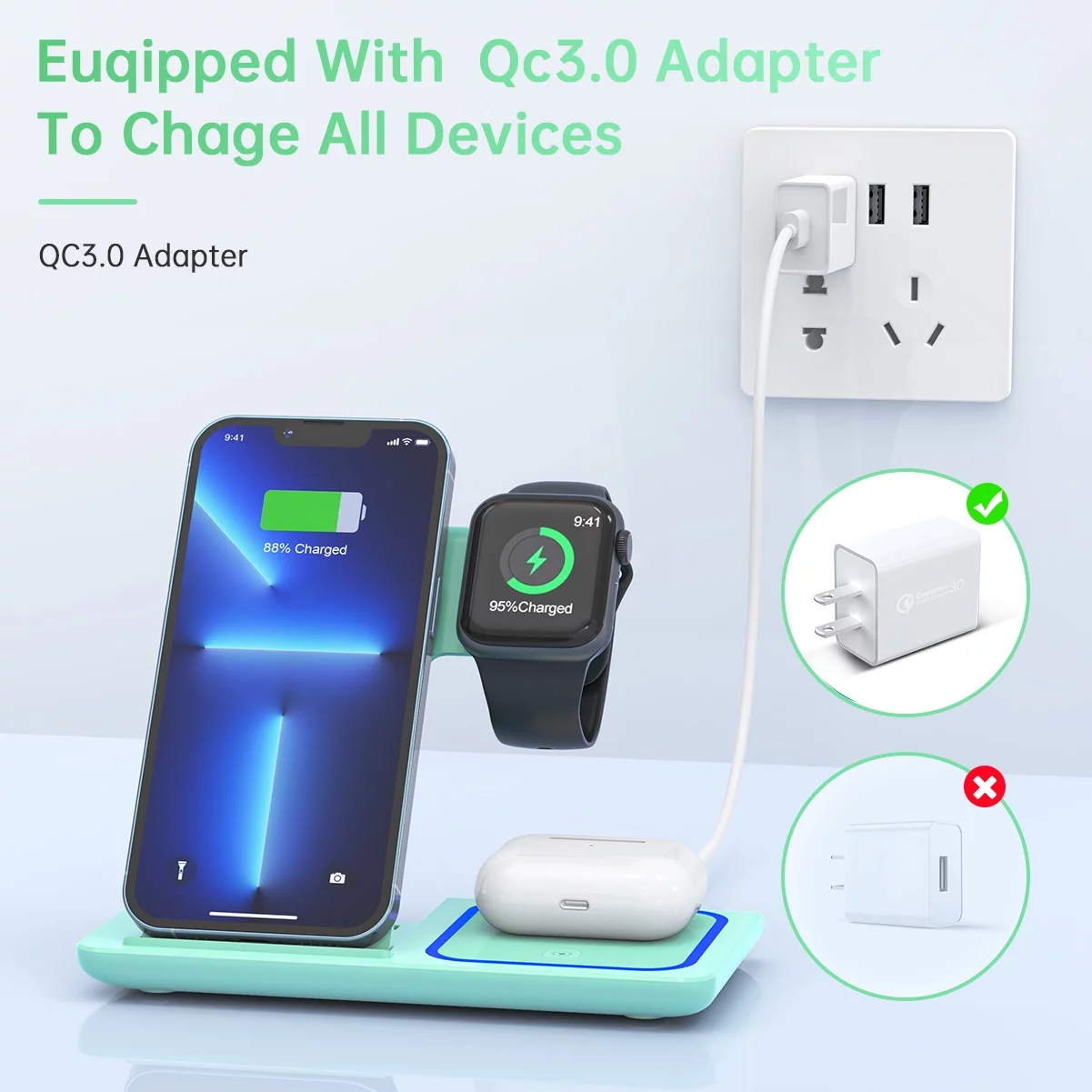Wireless Charging Station, 2025 Upgraded 18W 3 in 1 Wireless Charger Stand for Iphone 16/15/14/13/12/11 Pro/Xs, Airpods 4/3/2/1/Pro, Iwatch Series 10/9/8/7/6/5/4/3,Samsung Phones(Green) – תמונה 8