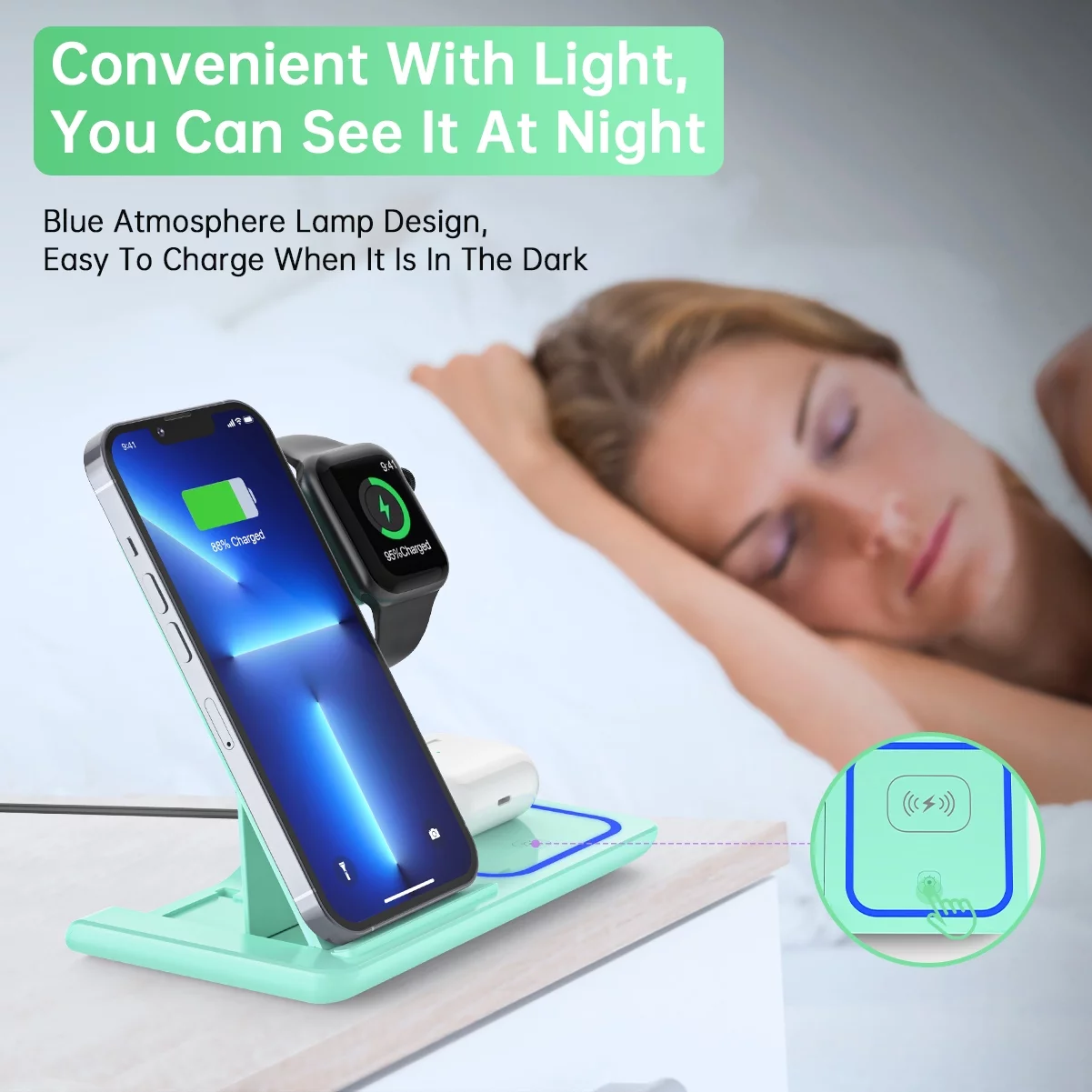 Wireless Charging Station, 2025 Upgraded 18W 3 in 1 Wireless Charger Stand for Iphone 16/15/14/13/12/11 Pro/Xs, Airpods 4/3/2/1/Pro, Iwatch Series 10/9/8/7/6/5/4/3,Samsung Phones(Green) – תמונה 4