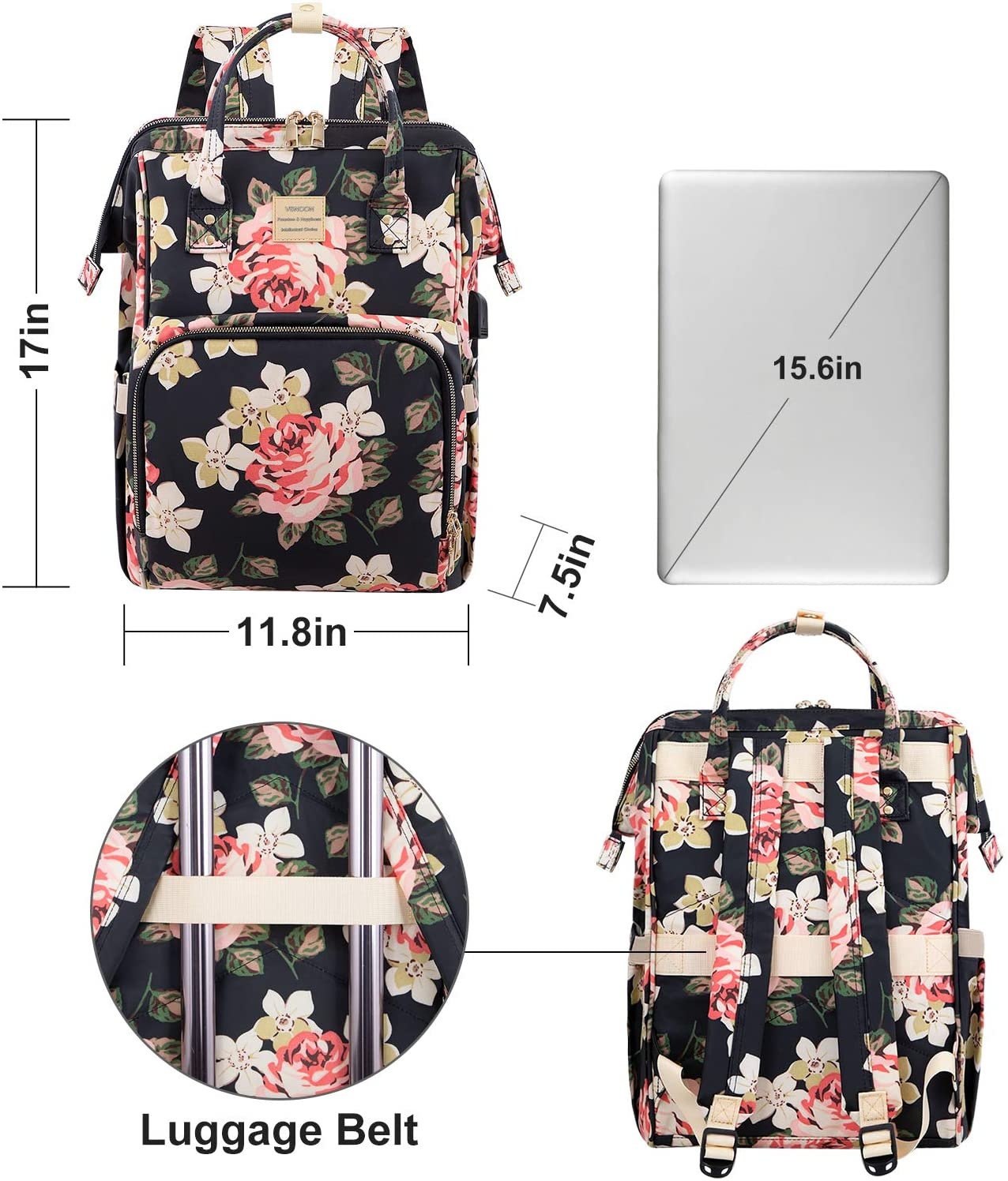Laptop Backpack for Women,15.6 Inch Stylish College School Backpack with USB Charging Port,Water Resistant Casual Daypack Laptop Backpack for Girls/Nurse/Teacher/Travel (Flower Pattern) – תמונה 4