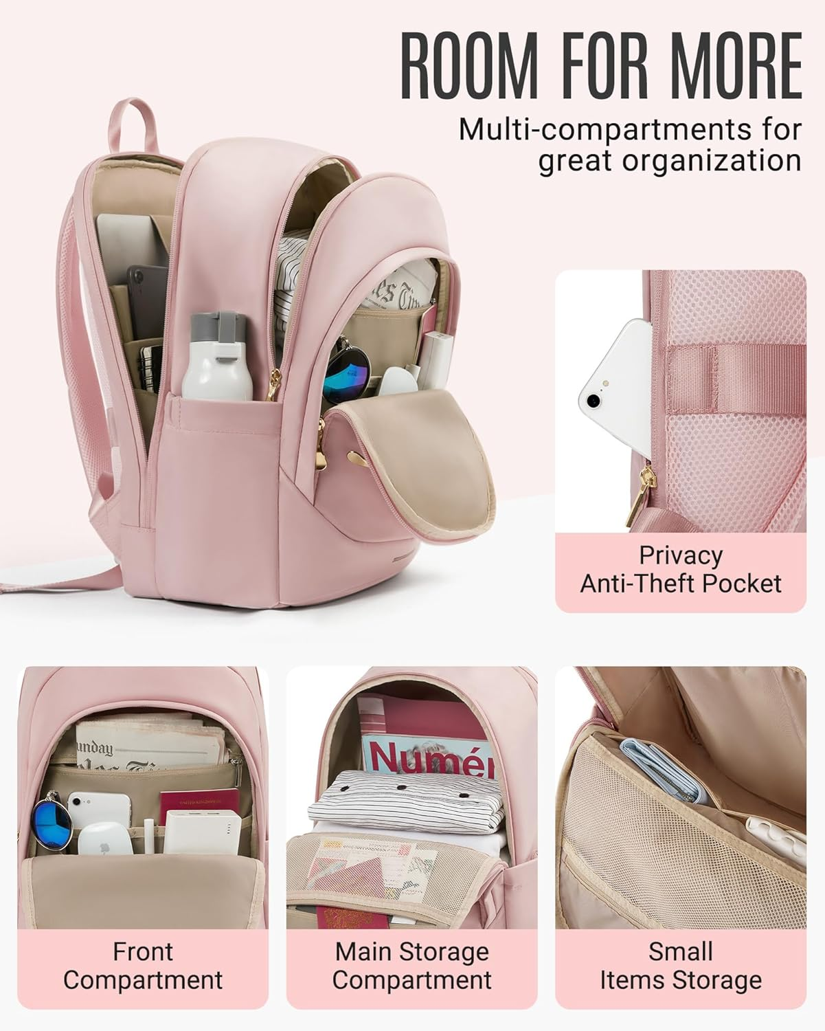 Collge Laptop Backpack, 15.6 Inch Laptop Travel Backpack for Women, College Computer Bookbag Casual Bag for Work Travel College, Gifts for Women,Pink – תמונה 2