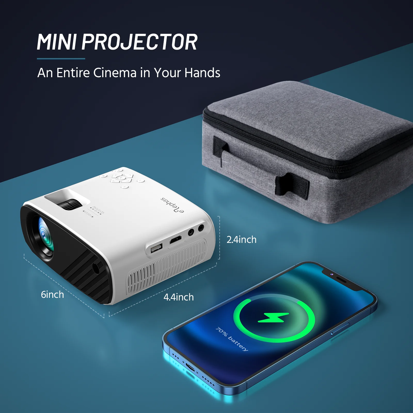 Mini Projector, Portable Projector 1080P, Movie Projection Compatible with Android/Ios White 1PC – תמונה 3