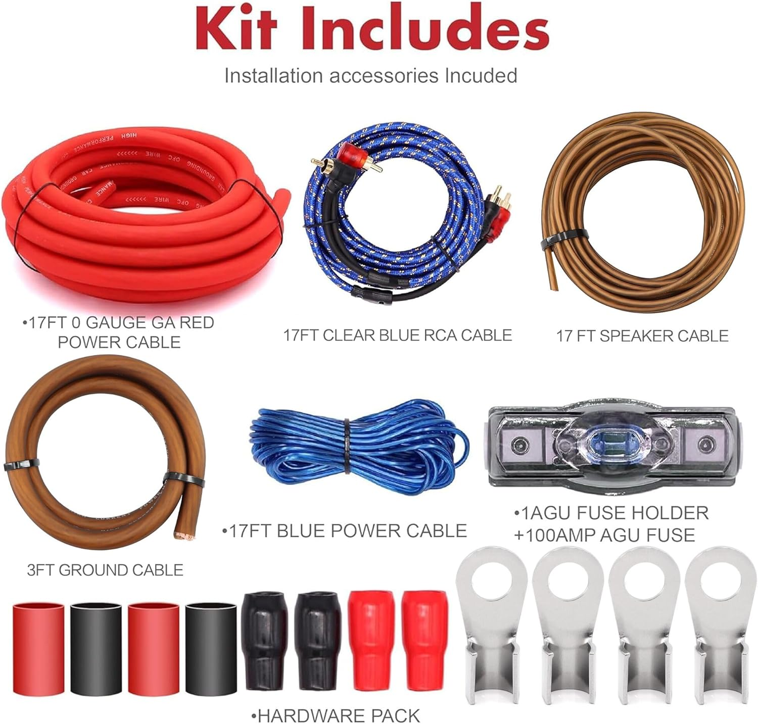 0 Gauge CCA Amplifier Wiring Kit 3000W Complete - Copper Clad Aluminum Car Audio Power Cable with Fuse Holder & RCA | for Subwoofer Amp Install – תמונה 3