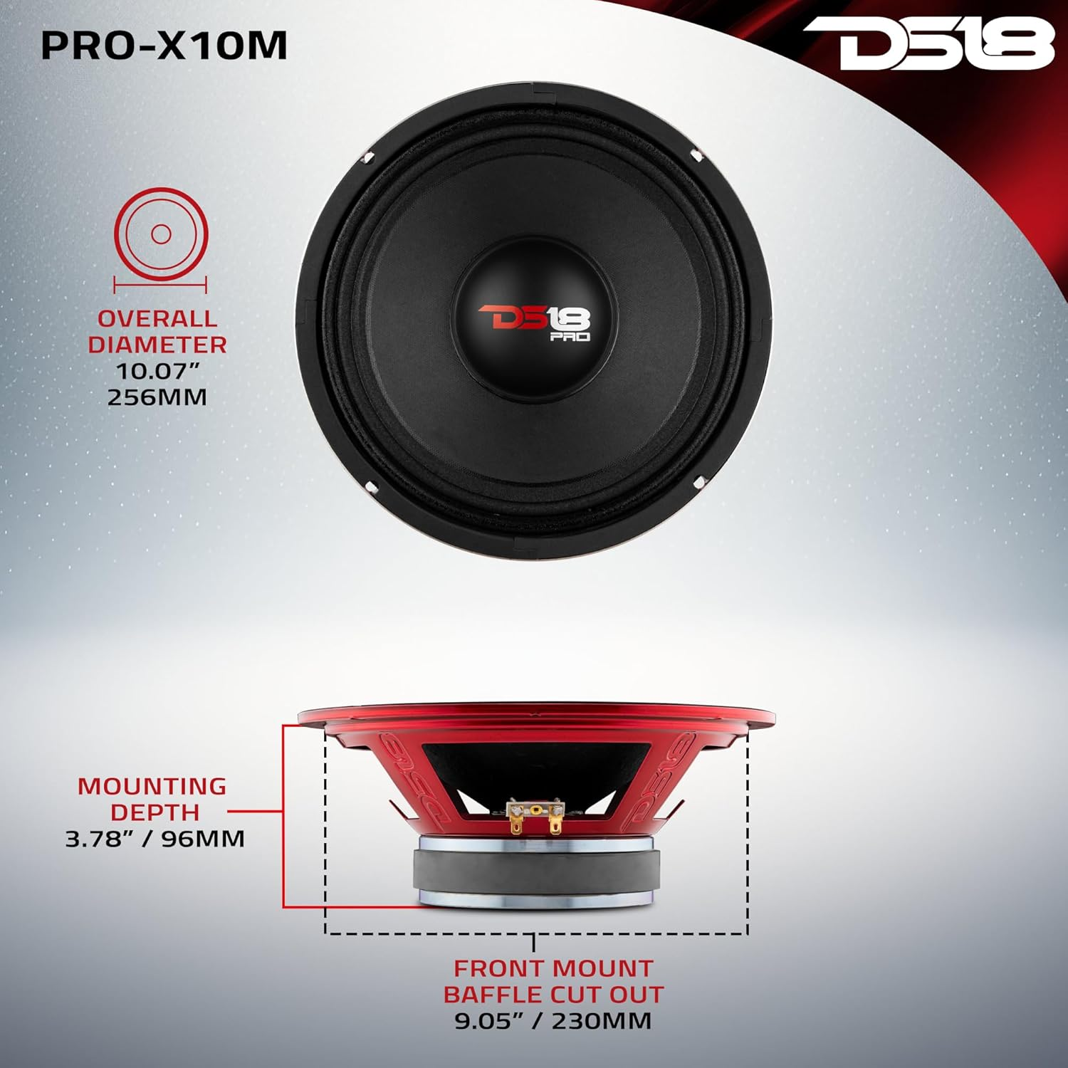 PRO-X10M Loudspeaker - 10", Midrange, Red Steel Basket, 600W Max, 300W RMS, 8 Ohms - Premium Quality Audio Door Speakers for Car or Truck Stereo Sound System (1 Speaker), Classic – תמונה 3
