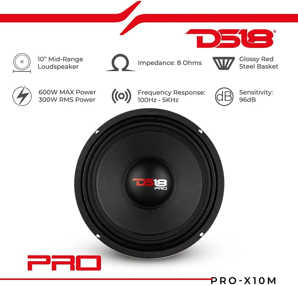 PRO-X10M Loudspeaker - 10", Midrange, Red Steel Basket, 600W Max, 300W RMS, 8 Ohms - Premium Quality Audio Door Speakers for Car or Truck Stereo Sound System (1 Speaker), Classic – תמונה 2