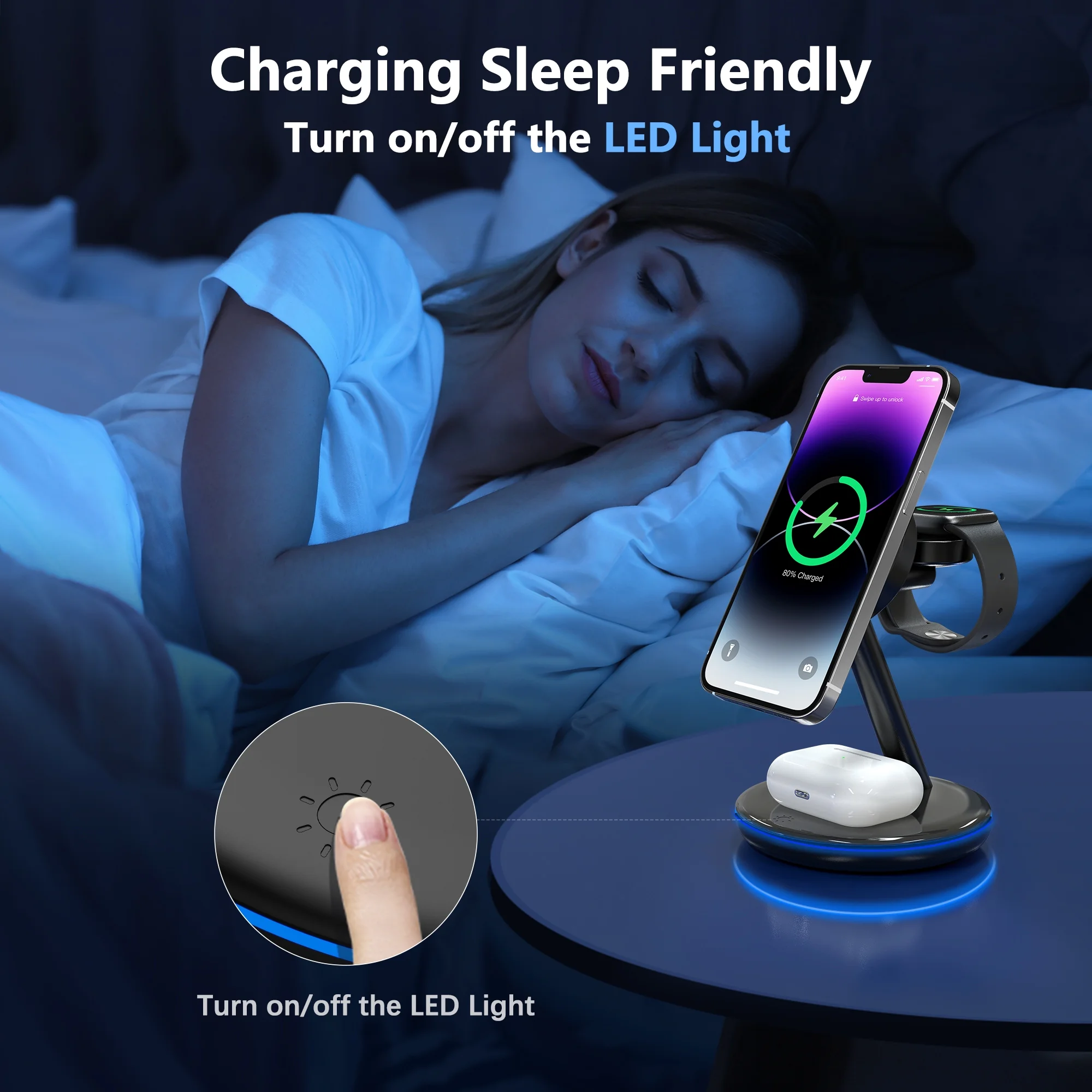 18W Magsafe Wireless Charger Docking Station for Iphone 15/14/13/12 Airpods Iwatch Ultra/8/7/Se/6/5/4/3/2 Wireless Charger Station Black – תמונה 6