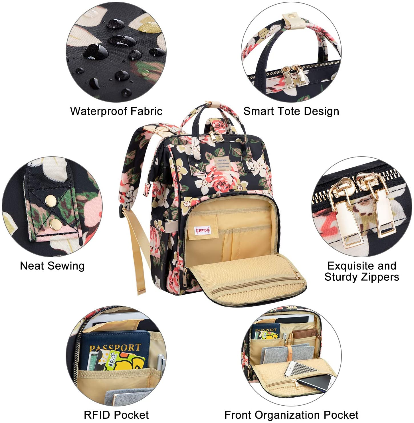 Laptop Backpack for Women,15.6 Inch Stylish College School Backpack with USB Charging Port,Water Resistant Casual Daypack Laptop Backpack for Girls/Nurse/Teacher/Travel (Flower Pattern) – תמונה 5