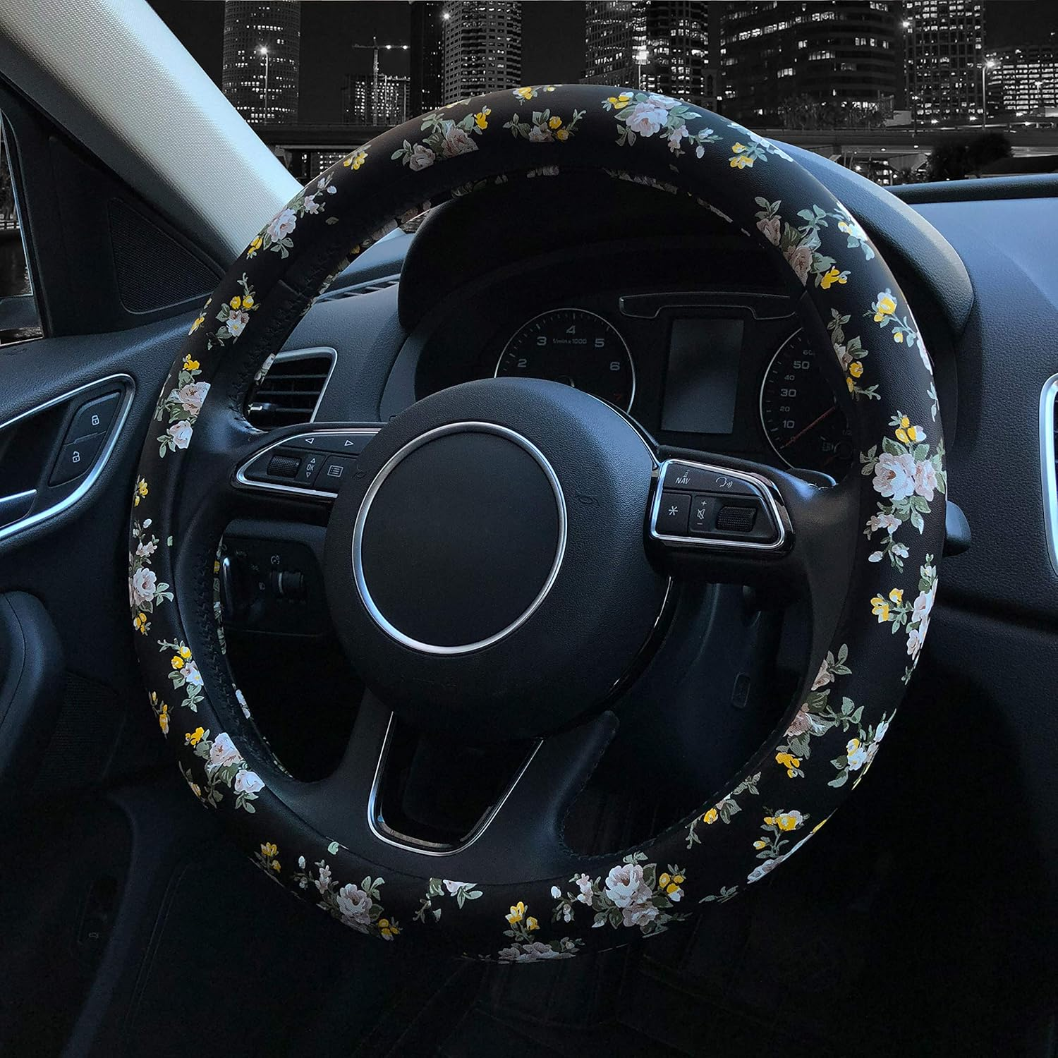 PU Leather Floral Auto Car Steering Wheel Cover, for Women Girls Ladies, anti Slip Non-Toxic Universal 15 Inch, Black with Flowers – תמונה 2