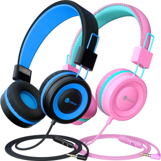 [Upgraded HS14 Kids Headphones with Microphone, 85/94Db Volume Limited, Foldable Wired Kids Headset for Boys/Girls/Tablet/Travel/School (Black&Pink)