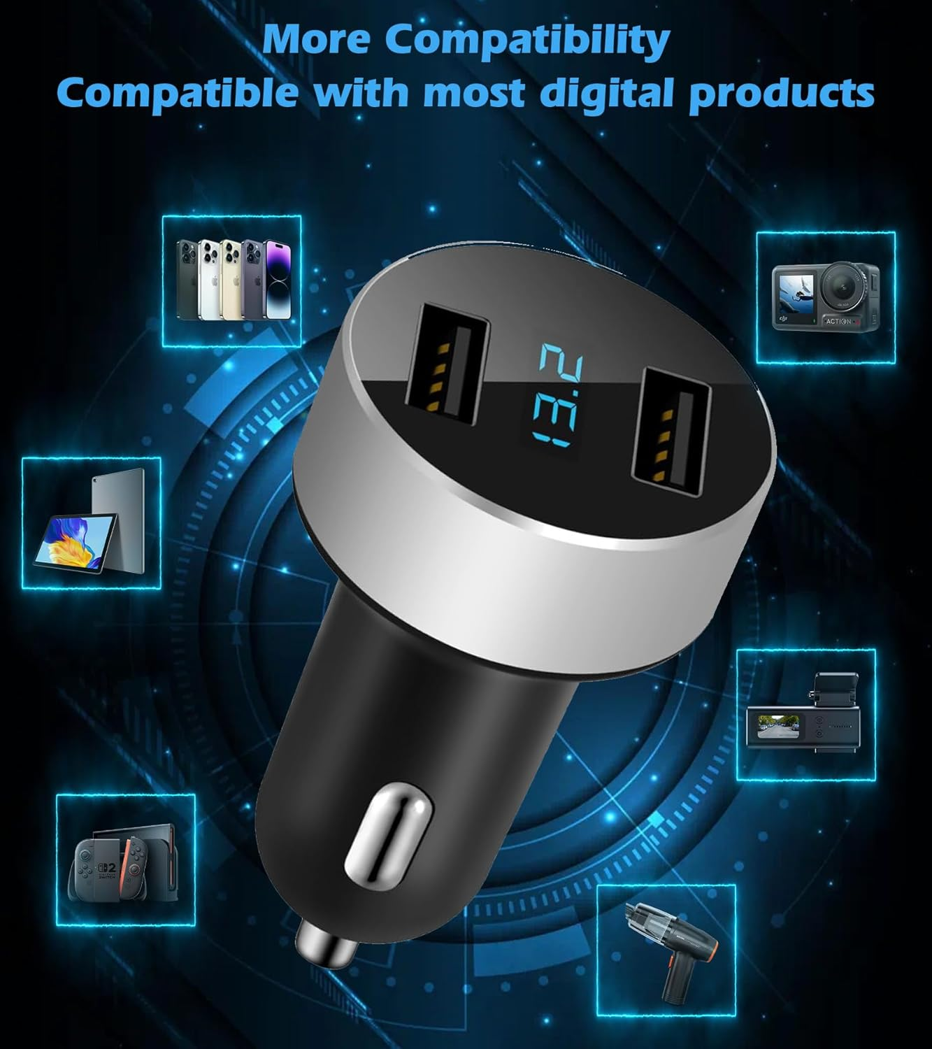 2 USB Car Charger,12V/24V Voltage Meter, Output 4.8A, Cigarette Lighter Plug Adapter Compatible with Iphone,Ipad, Samsung, USB Charging Devices, Silver – תמונה 5