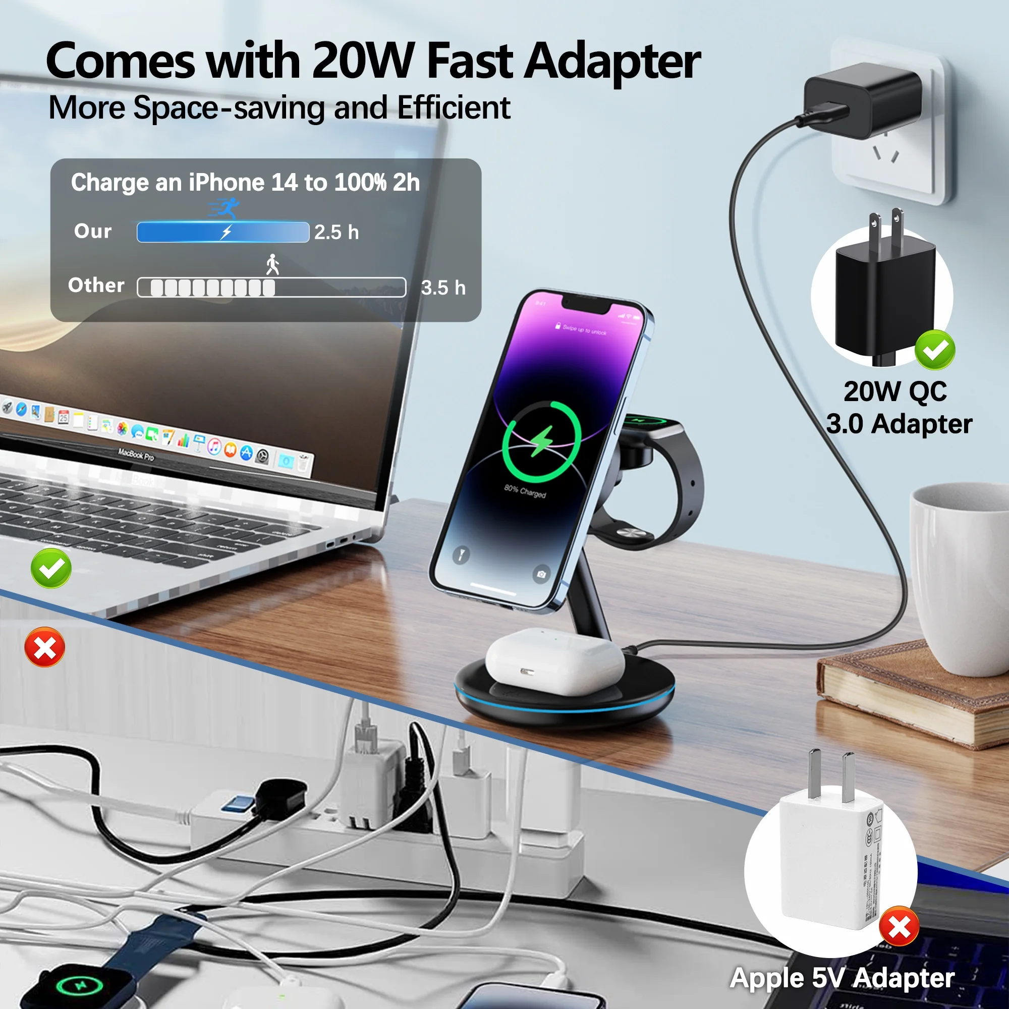 18W Magsafe Wireless Charger Docking Station for Iphone 15/14/13/12 Airpods Iwatch Ultra/8/7/Se/6/5/4/3/2 Wireless Charger Station Black – תמונה 2