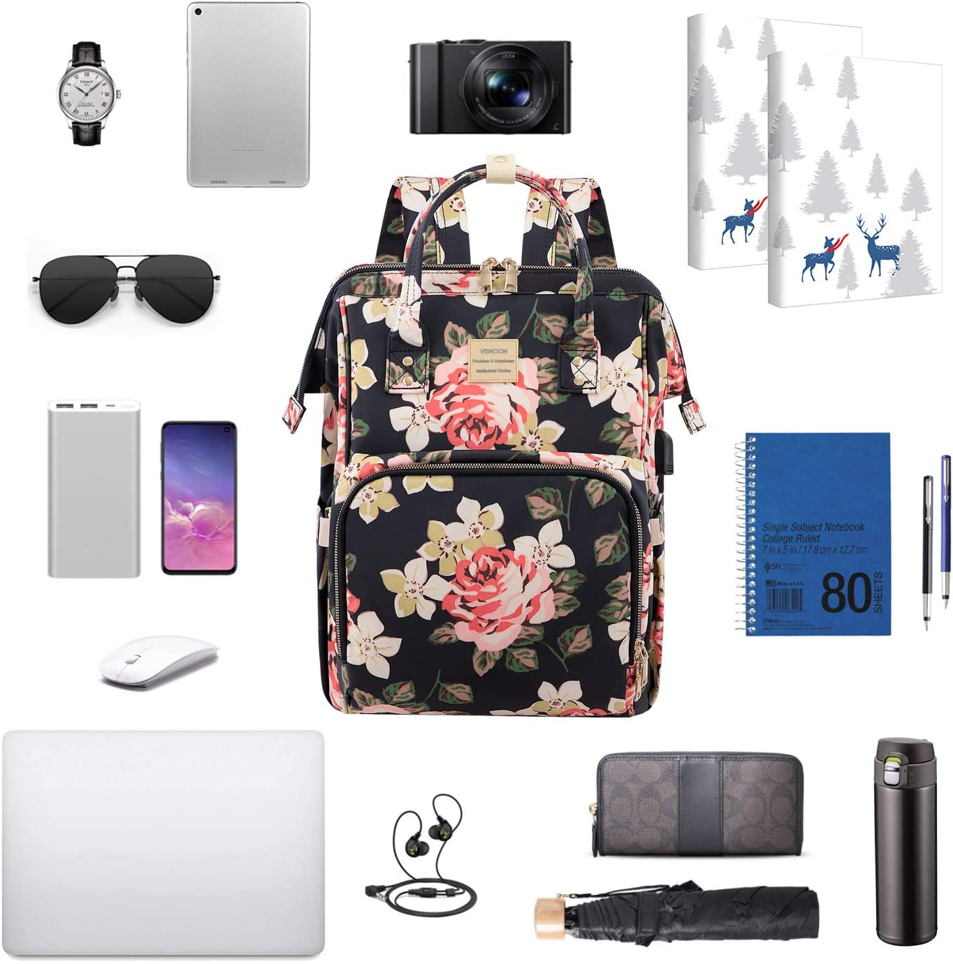 Laptop Backpack for Women,15.6 Inch Stylish College School Backpack with USB Charging Port,Water Resistant Casual Daypack Laptop Backpack for Girls/Nurse/Teacher/Travel (Flower Pattern) – תמונה 6
