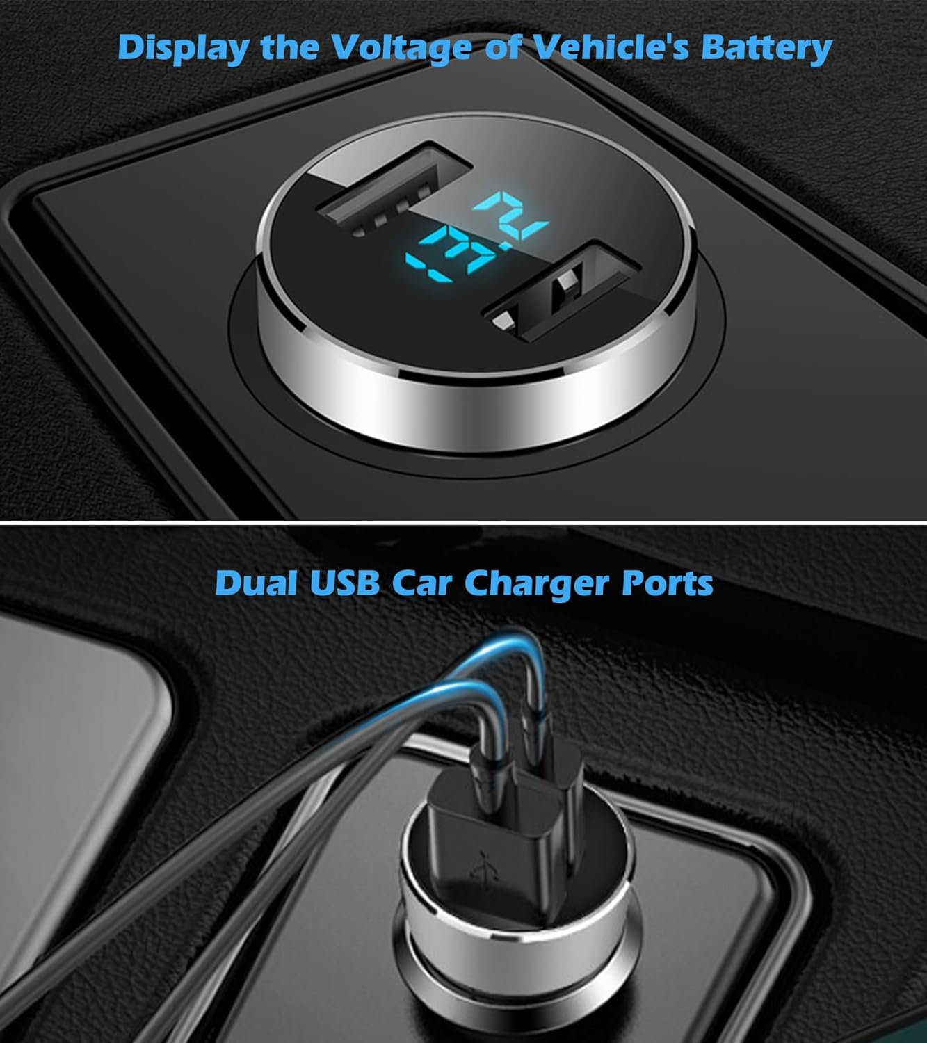 2 USB Car Charger,12V/24V Voltage Meter, Output 4.8A, Cigarette Lighter Plug Adapter Compatible with Iphone,Ipad, Samsung, USB Charging Devices, Silver – תמונה 2