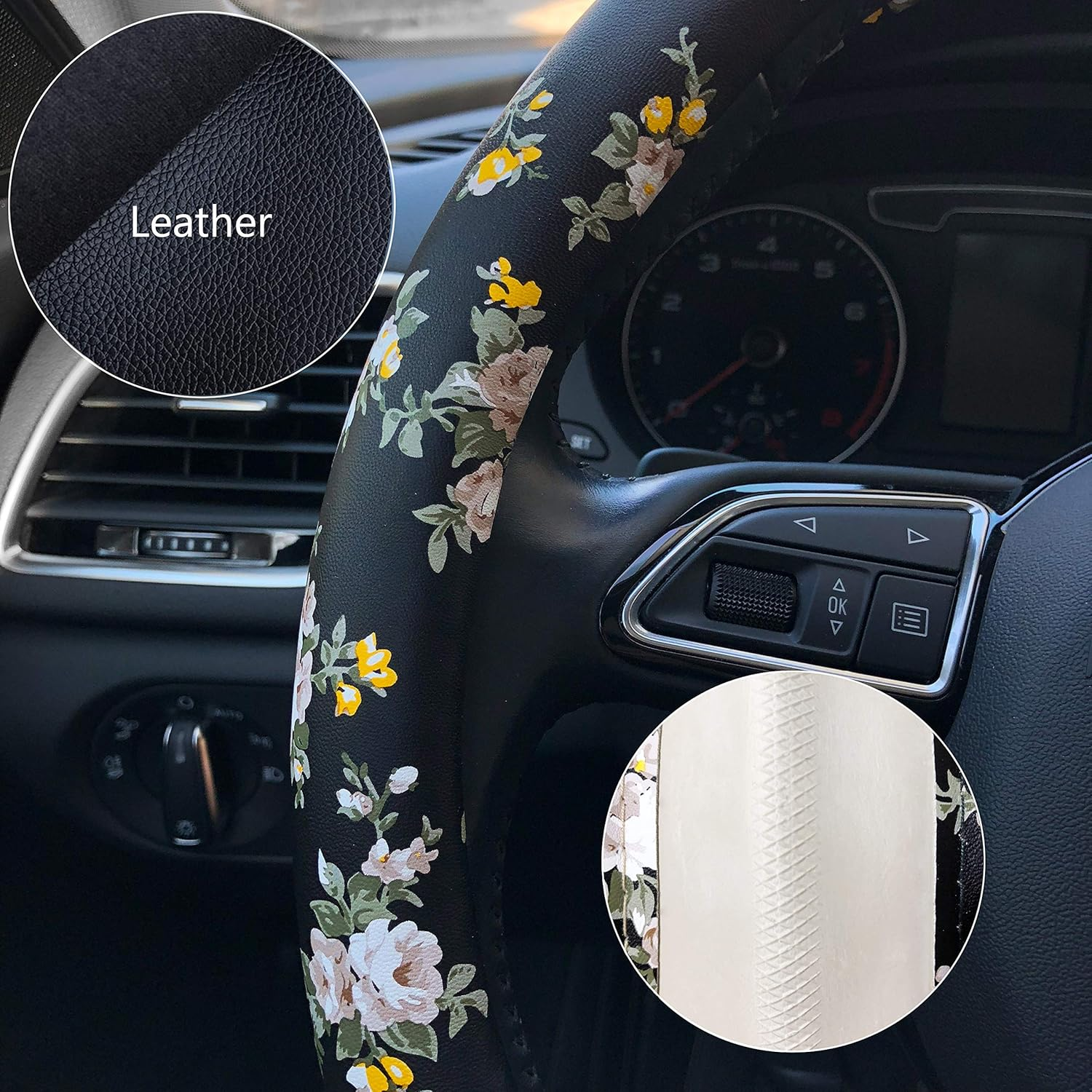 PU Leather Floral Auto Car Steering Wheel Cover, for Women Girls Ladies, anti Slip Non-Toxic Universal 15 Inch, Black with Flowers – תמונה 4