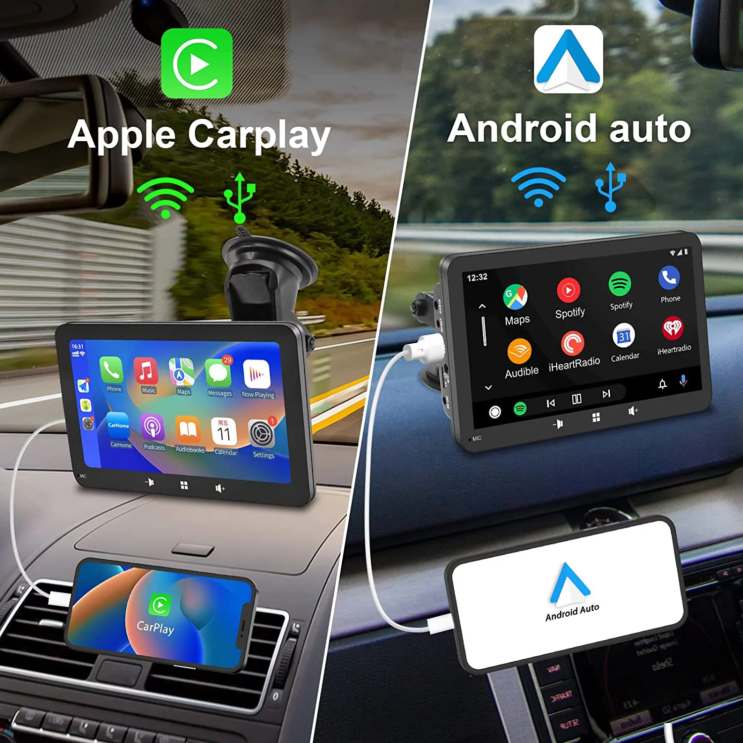 2023 Newest Portable Car Radio with Apple Carplay and Android Auto, Wireless Car Stereo 7" IPS Touchscreen with Bluetooth Hands-Free/Mirror Link/Siri Assistant, Windshield Mounted – תמונה 5