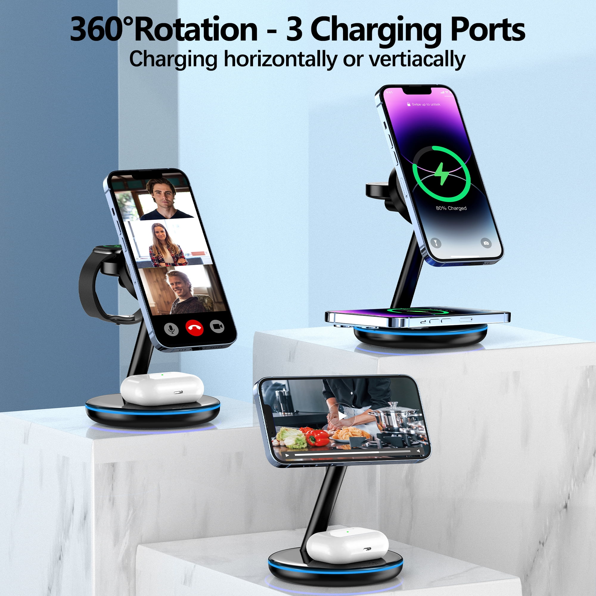 18W Magsafe Wireless Charger Docking Station for Iphone 15/14/13/12 Airpods Iwatch Ultra/8/7/Se/6/5/4/3/2 Wireless Charger Station Black – תמונה 3