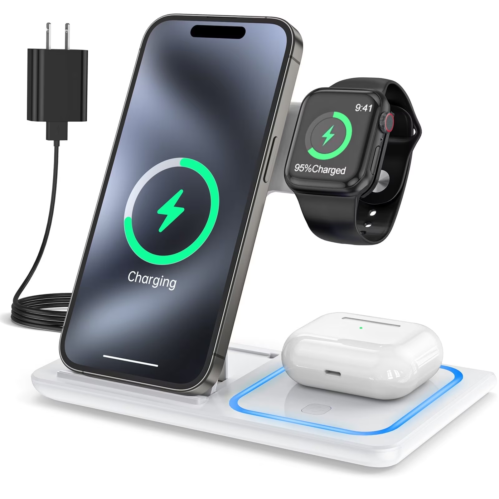 Wireless Charging Station, 2025 Upgraded 18W 3 in 1 Wireless Charger Stand for Iphone 16/15/14/13/12/11 Pro/Xs, Airpods 4/3/2/1/Pro, Iwatch Series 10/9/8/7/6/5/4/3,Samsung Phones(Green) – תמונה 9