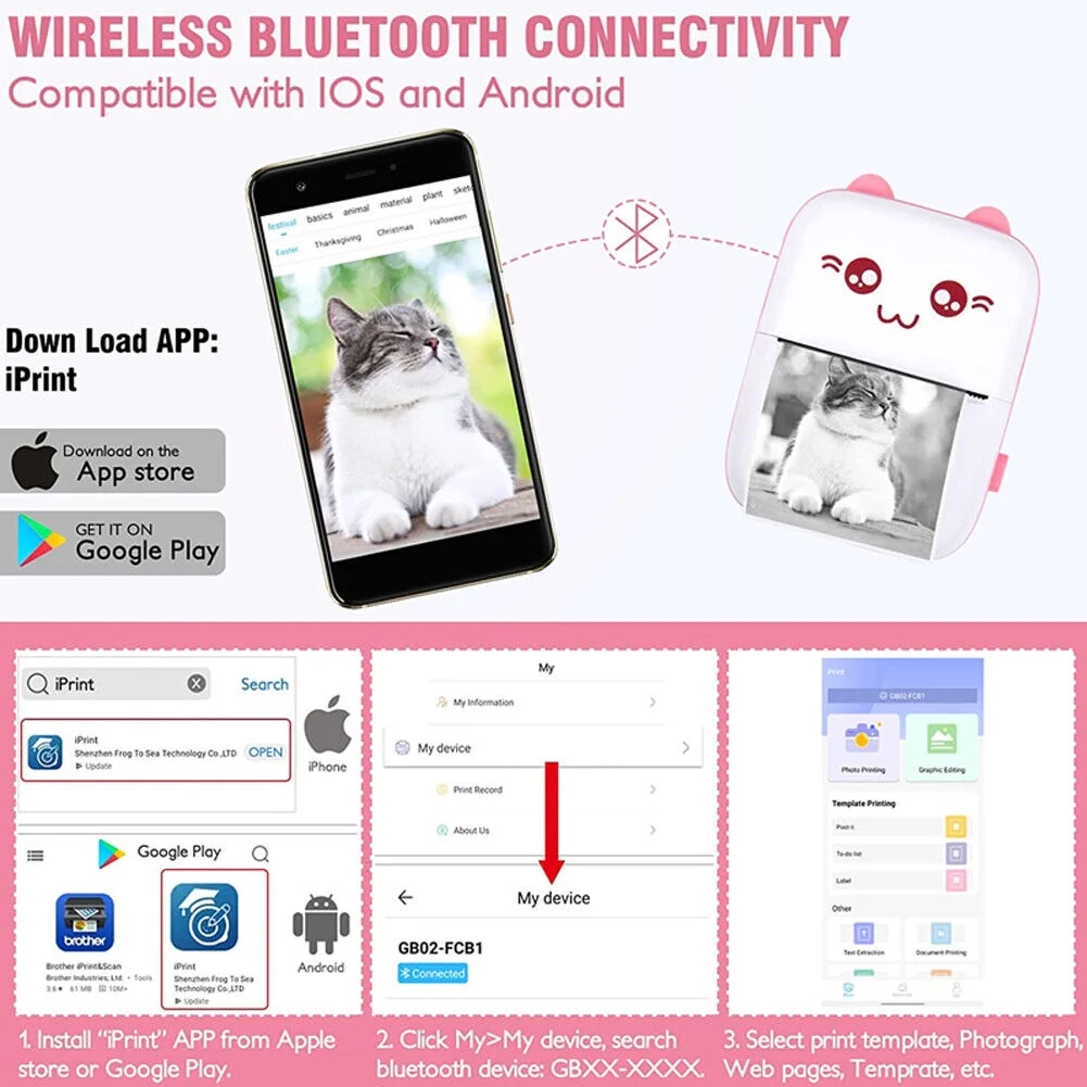 Mini Printer Portable, Pocket Thermal Printer, Wireless Bluetooth Printer Compatible with Ios Android for Picture Receipt Label Note Printing – תמונה 5