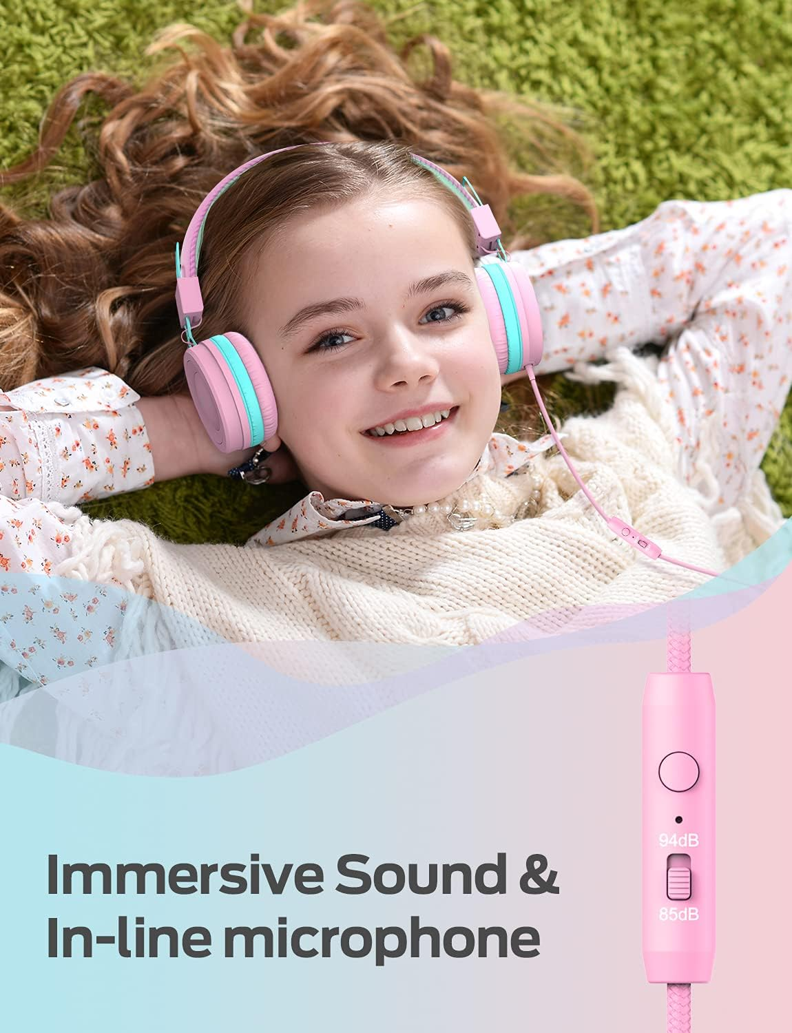 [Upgraded HS14 Kids Headphones with Microphone, 85/94Db Volume Limited, Foldable Wired Kids Headset for Boys/Girls/Tablet/Travel/School (Black&Pink) – תמונה 2